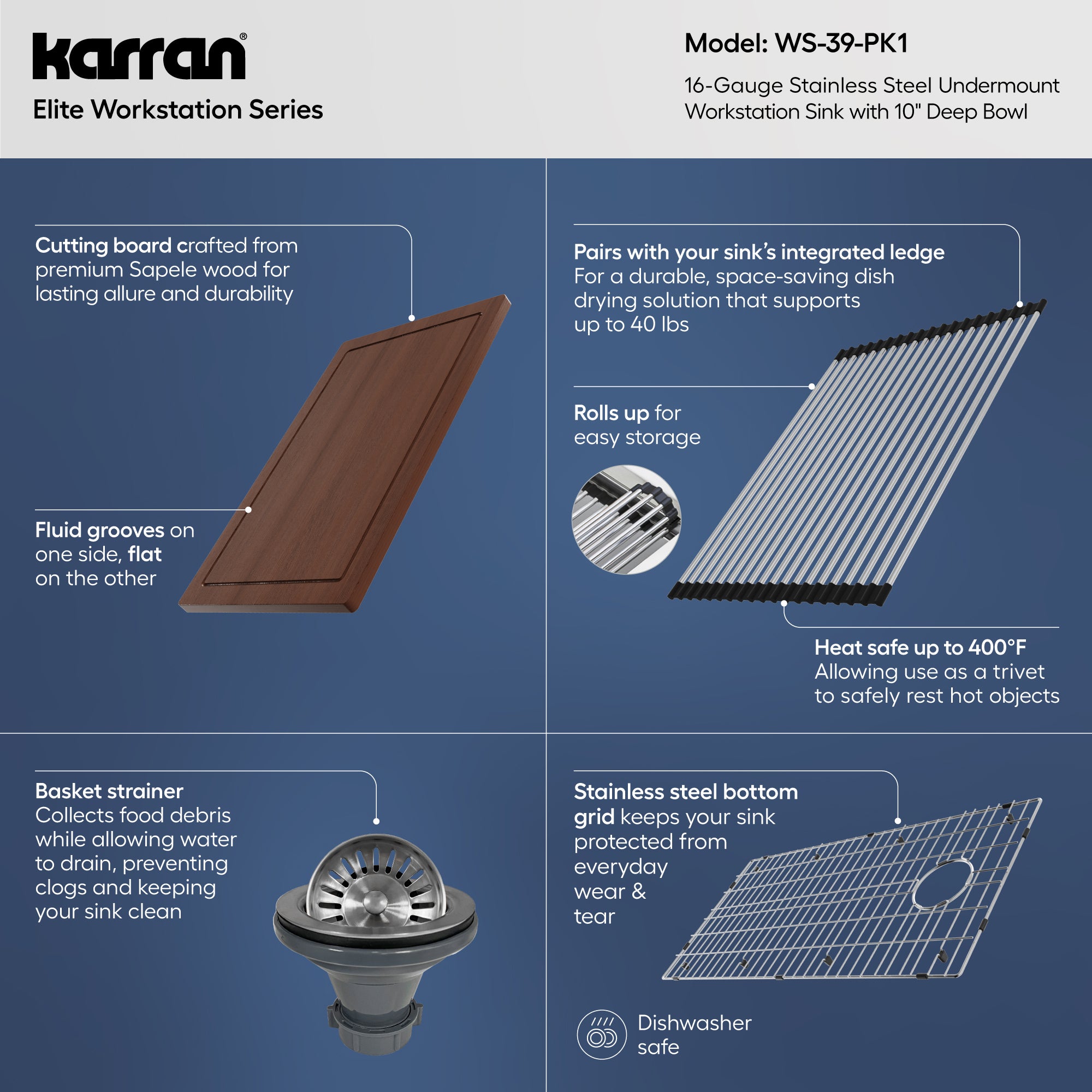 Alternative View of Karran Elite Workstation 39" Undermount Stainless Steel Workstation Kitchen Sink with Accessories, 16 Gauge, WS-39-PK1