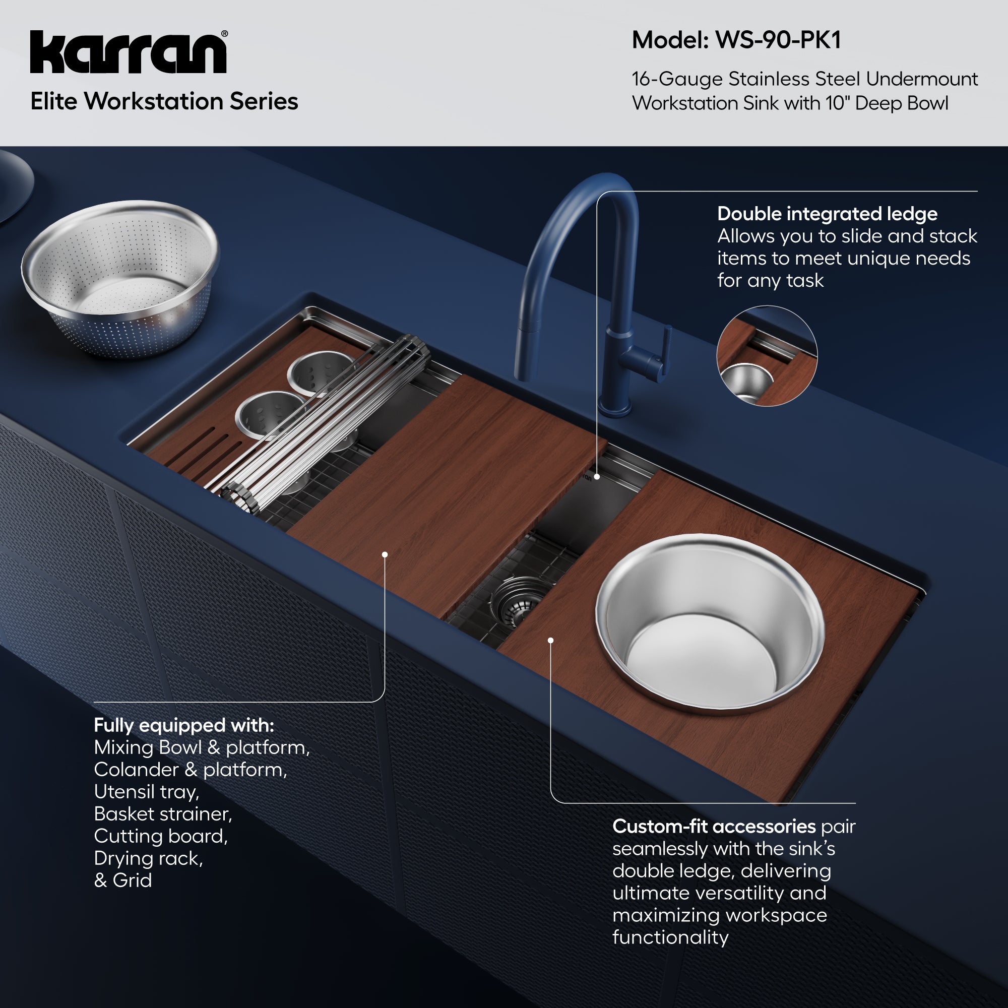 Alternative View of Karran Elite Workstation 45" Undermount Stainless Steel Workstation Kitchen Sink with Accessories, 16 Gauge, WS-90-PK1