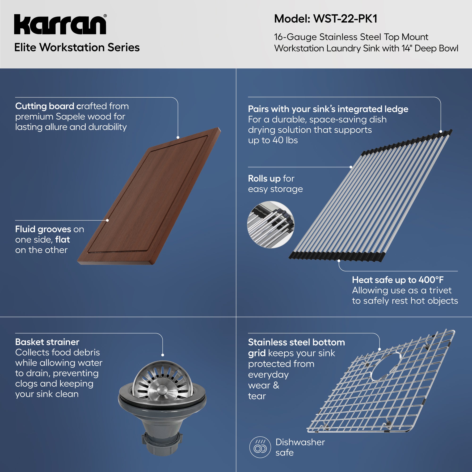 Alternative View of Karran Elite Workstation 25" Drop In/Topmount Stainless Steel Workstation Kitchen Sink with Accessories, 16 Gauge, WST-22-PK1