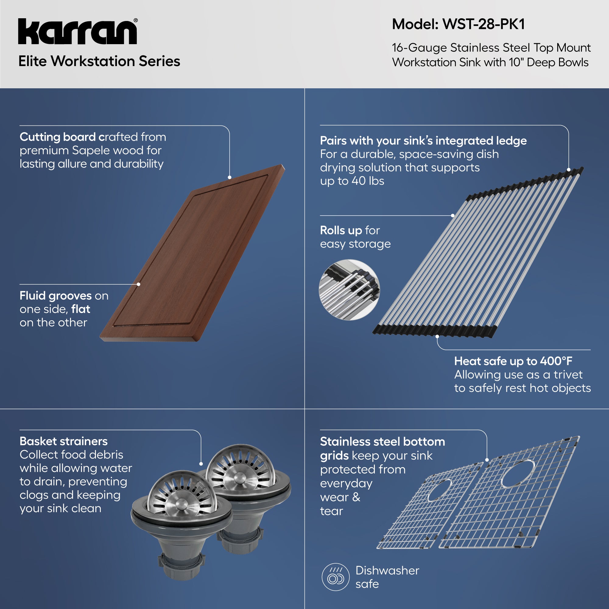 Alternative View of Karran Elite Workstation 33" Drop In/Topmount Stainless Steel Workstation Kitchen Sink with Accessories, 50/50 Double Bowl, 16 Gauge, WST-28-PK1