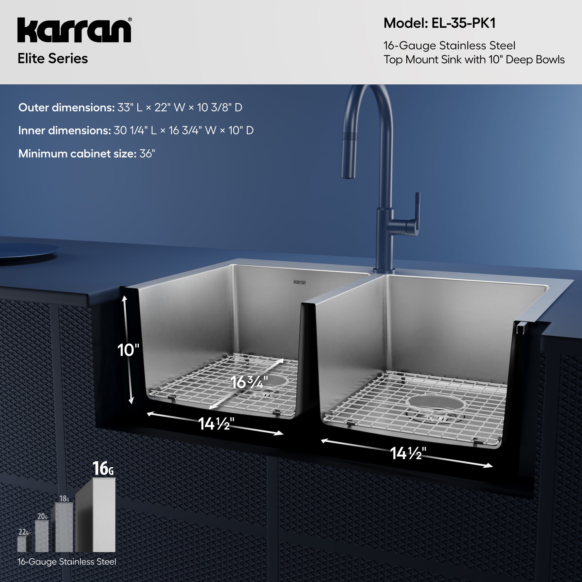 Alternative View of Karran 33" Drop In/Topmount Stainless Steel Kitchen Sink, 50/50 Double Bowl, 16 Gauge, EL-35-PK1