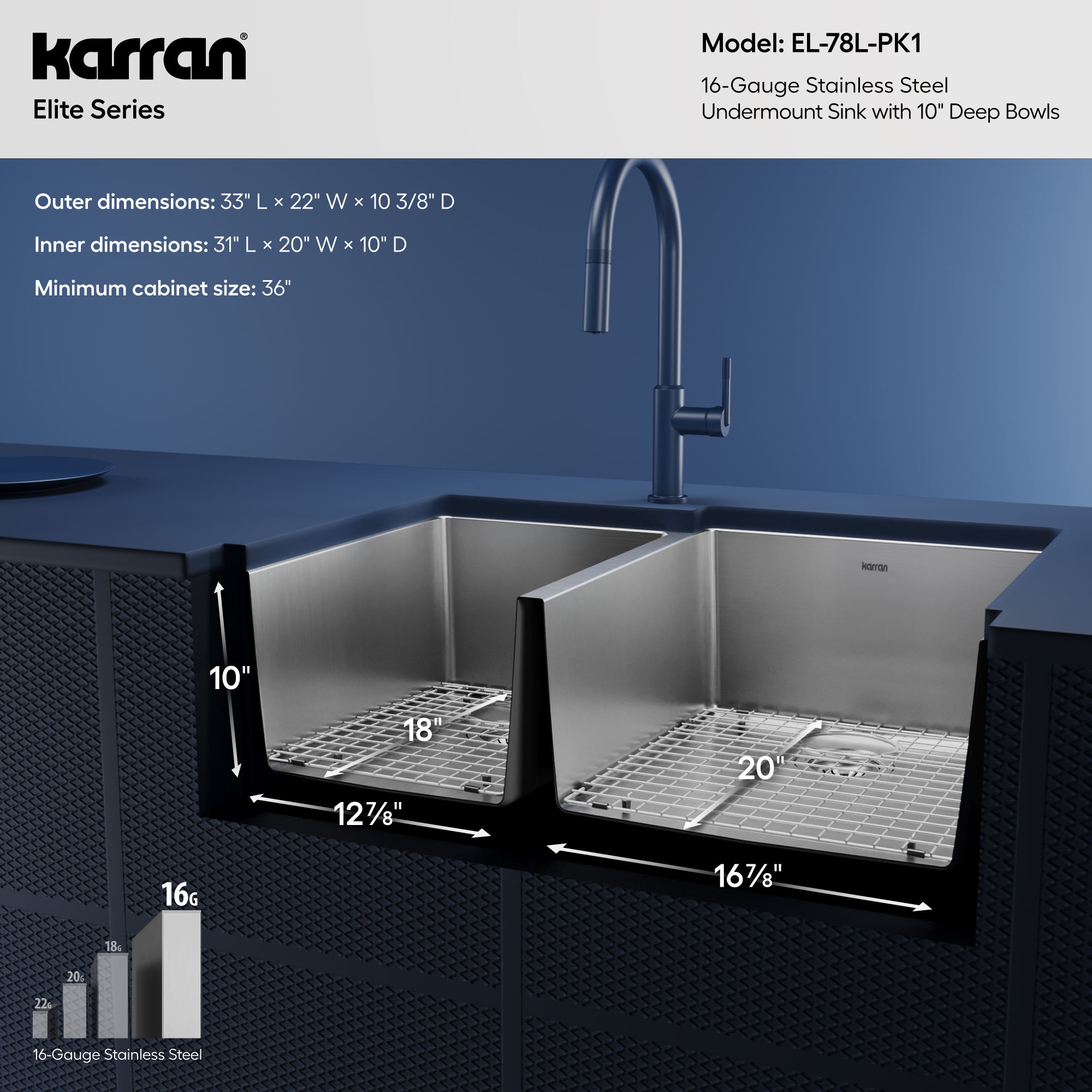 Alternative View of Karran Elite 33" Undermount Stainless Steel Kitchen Sink with Accessories, 40/60 Double Bowl, 16 Gauge, EL-78L-PK1