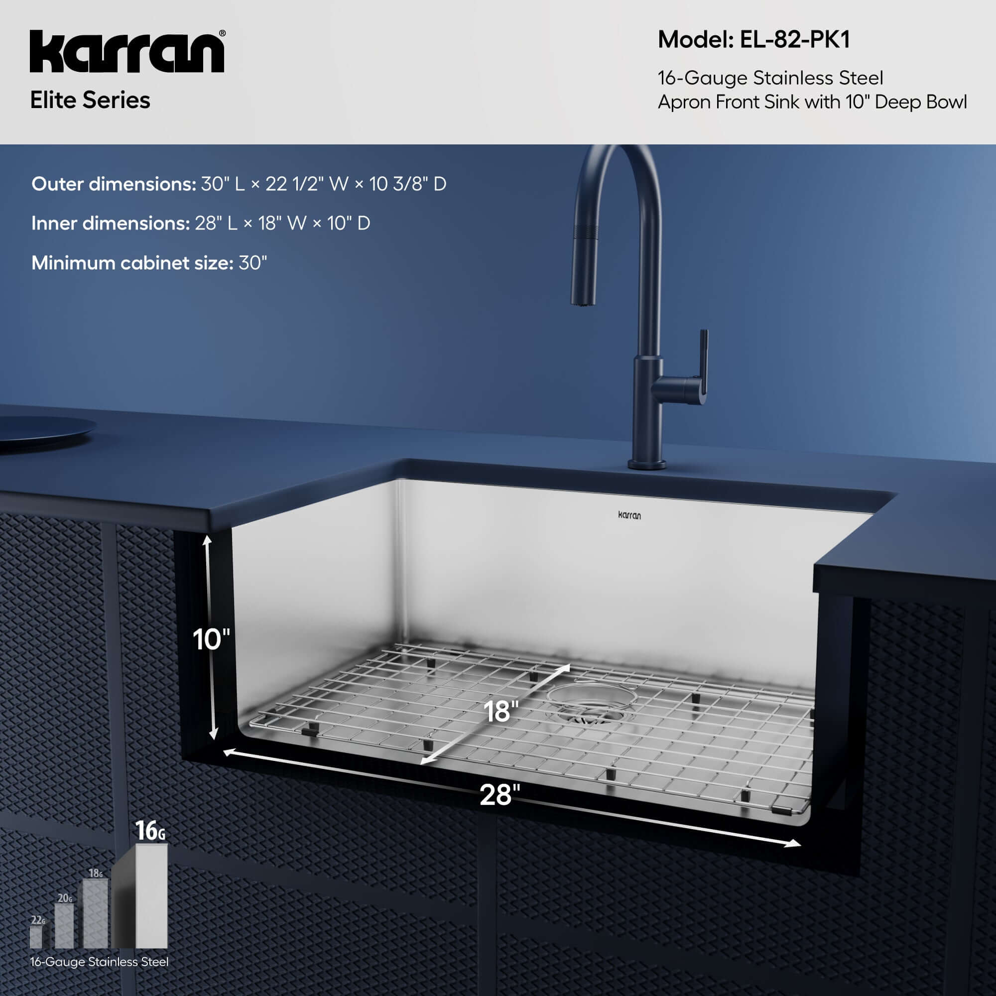 Alternative View of Karran 30" Stainless Steel Farmhouse Sink, 16 Gauge, EL-82-PK1