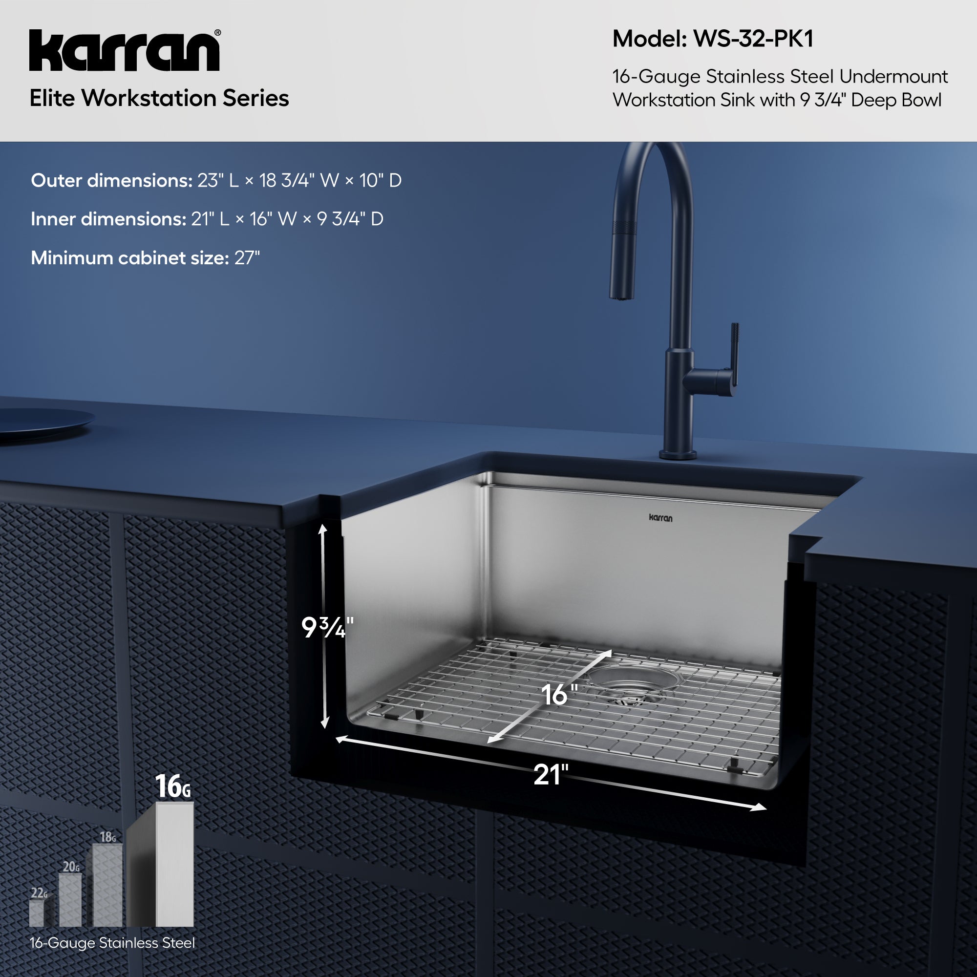 Alternative View of Karran Elite Workstation 23" Undermount Stainless Steel Workstation Kitchen Sink with Accessories, 16 Gauge, WS-32-PK1