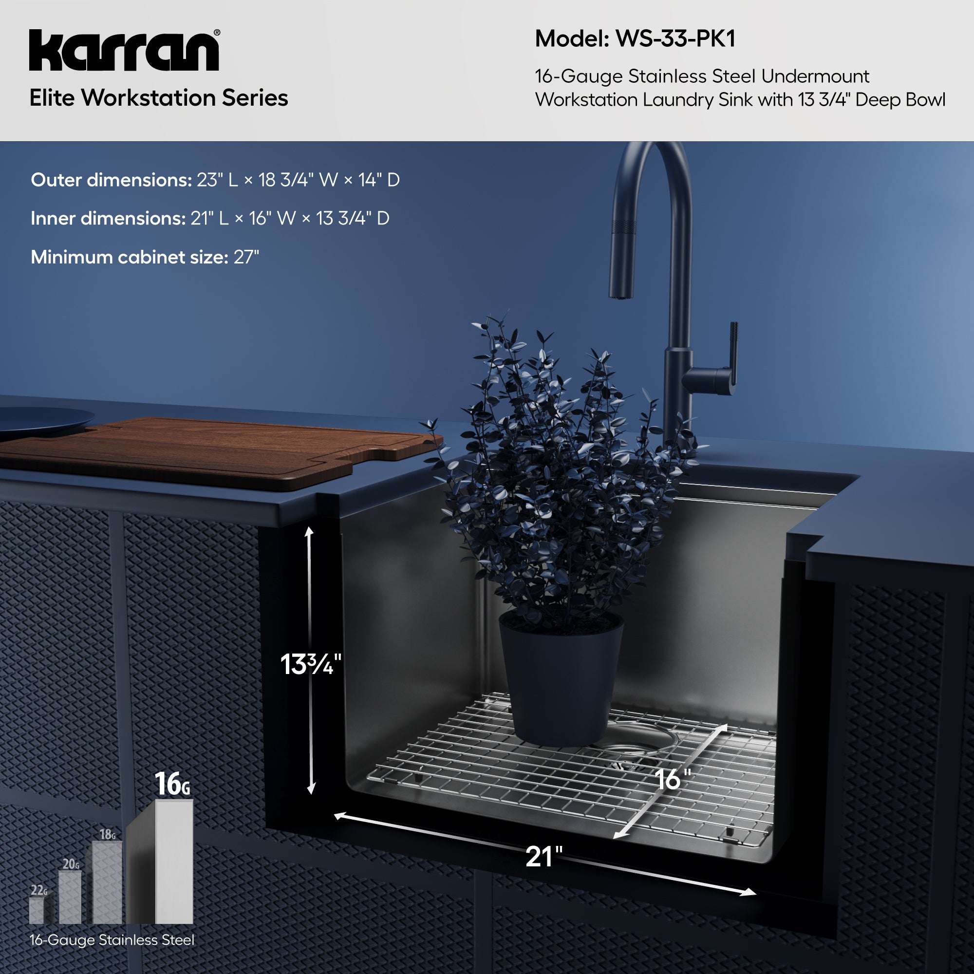 Alternative View of Karran Elite Workstation 23" Undermount Stainless Steel Workstation Kitchen Sink with Accessories, 16 Gauge, WS-33-PK1