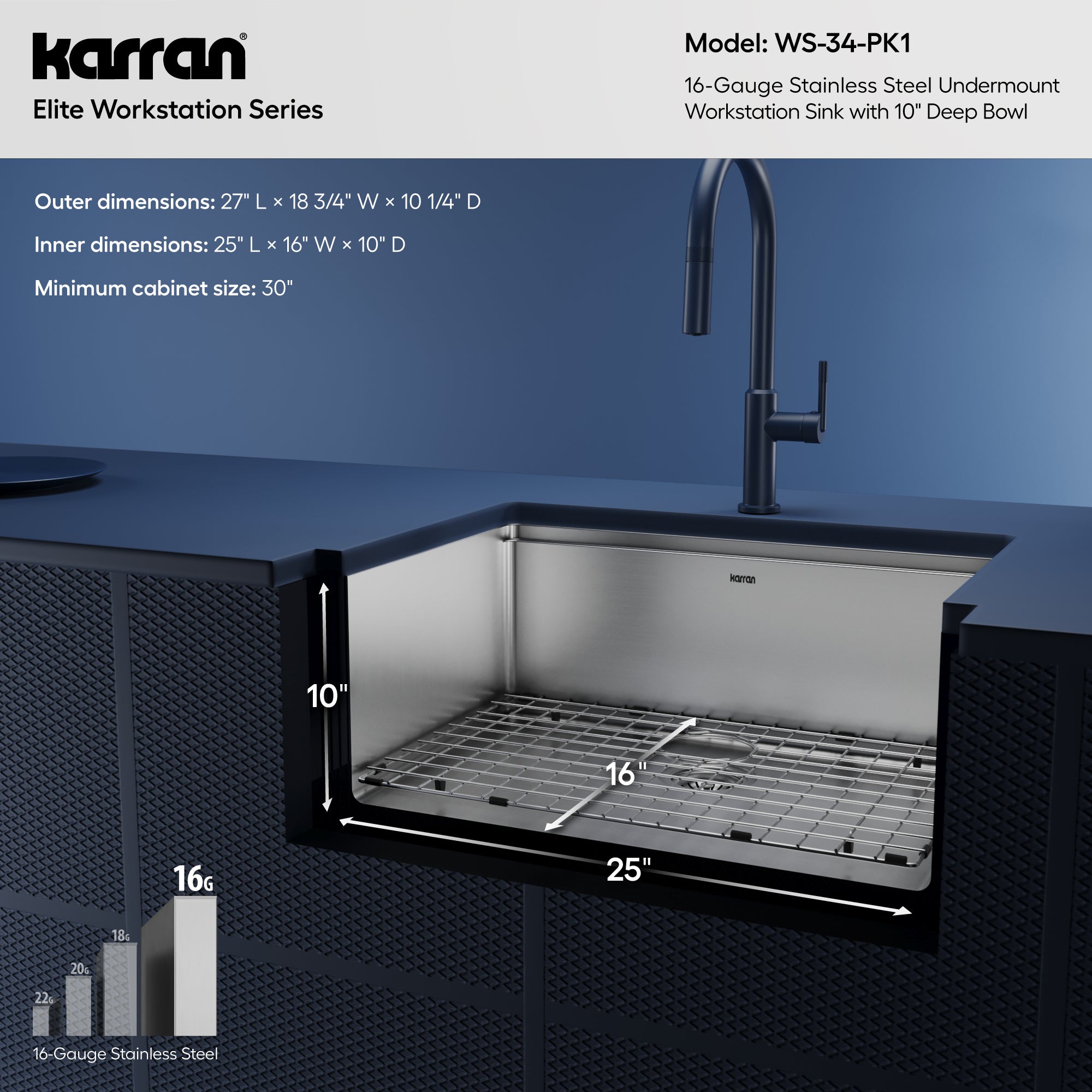 Alternative View of Karran Elite Workstation 27" Undermount Stainless Steel Workstation Kitchen Sink with Accessories, 16 Gauge, WS-34-PK1
