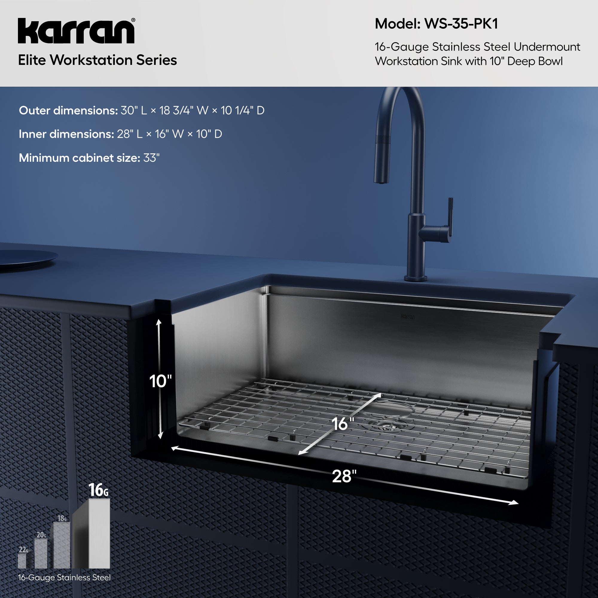 Alternative View of Karran Elite Workstation 30" Undermount Stainless Steel Workstation Kitchen Sink with Accessories, 16 Gauge, WS-35-PK1