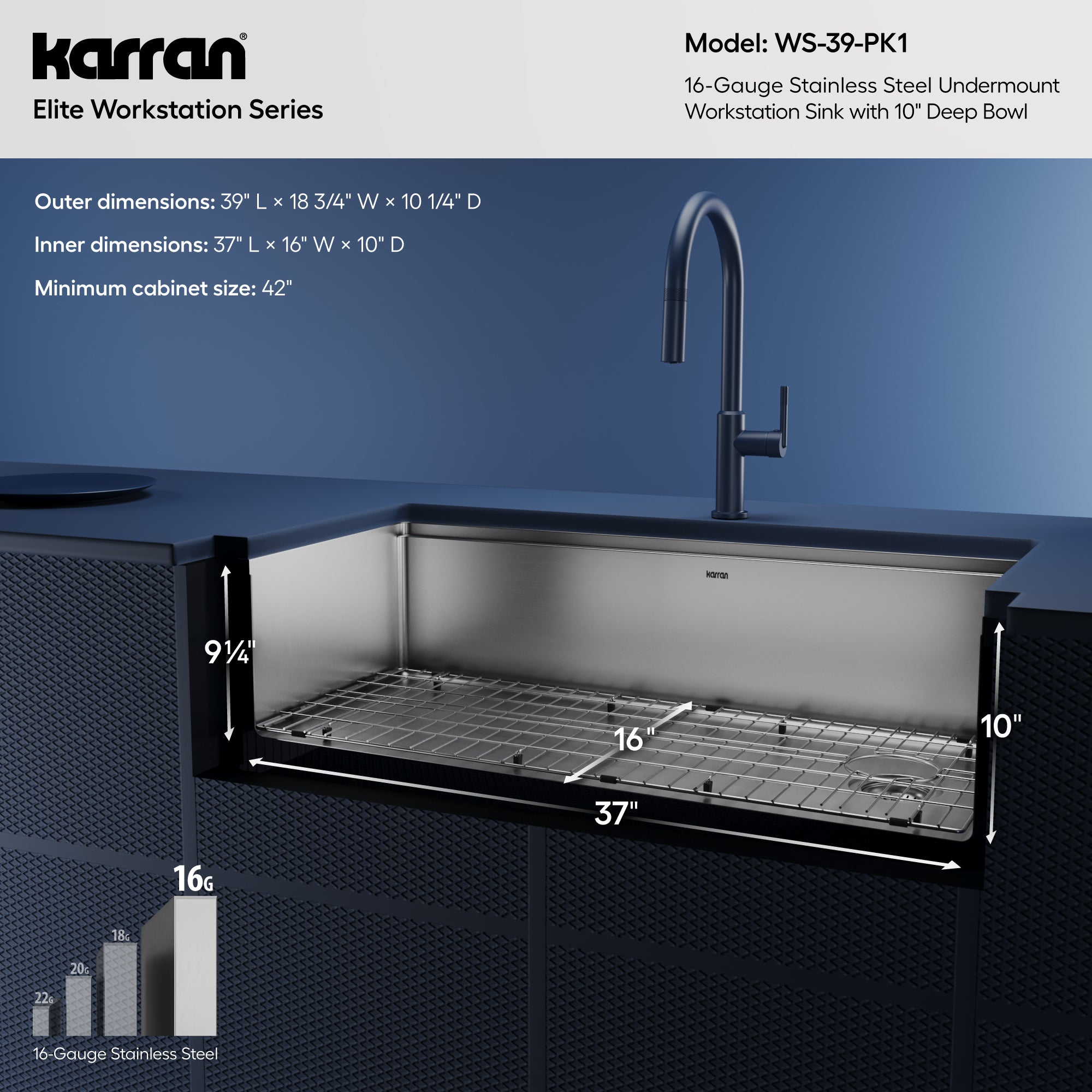 Alternative View of Karran Elite Workstation 39" Undermount Stainless Steel Workstation Kitchen Sink with Accessories, 16 Gauge, WS-39-PK1