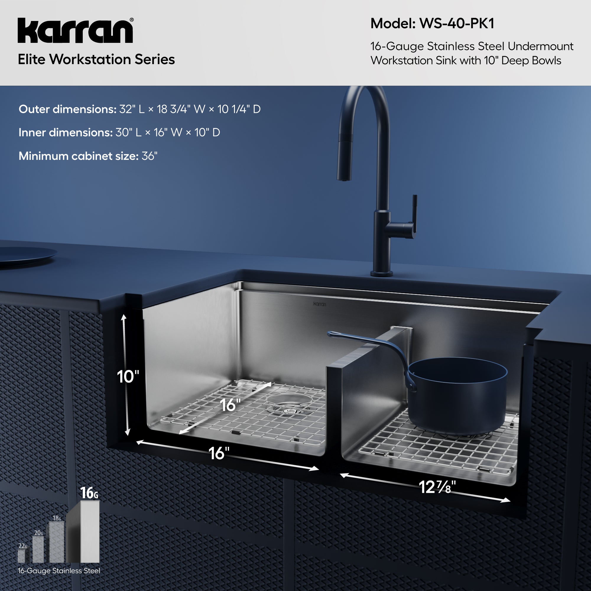 Alternative View of Karran Elite Workstation 32" Undermount Stainless Steel Workstation Kitchen Sink with Accessories, 60/40 Double Bowl, 16 Gauge, WS-40-PK1