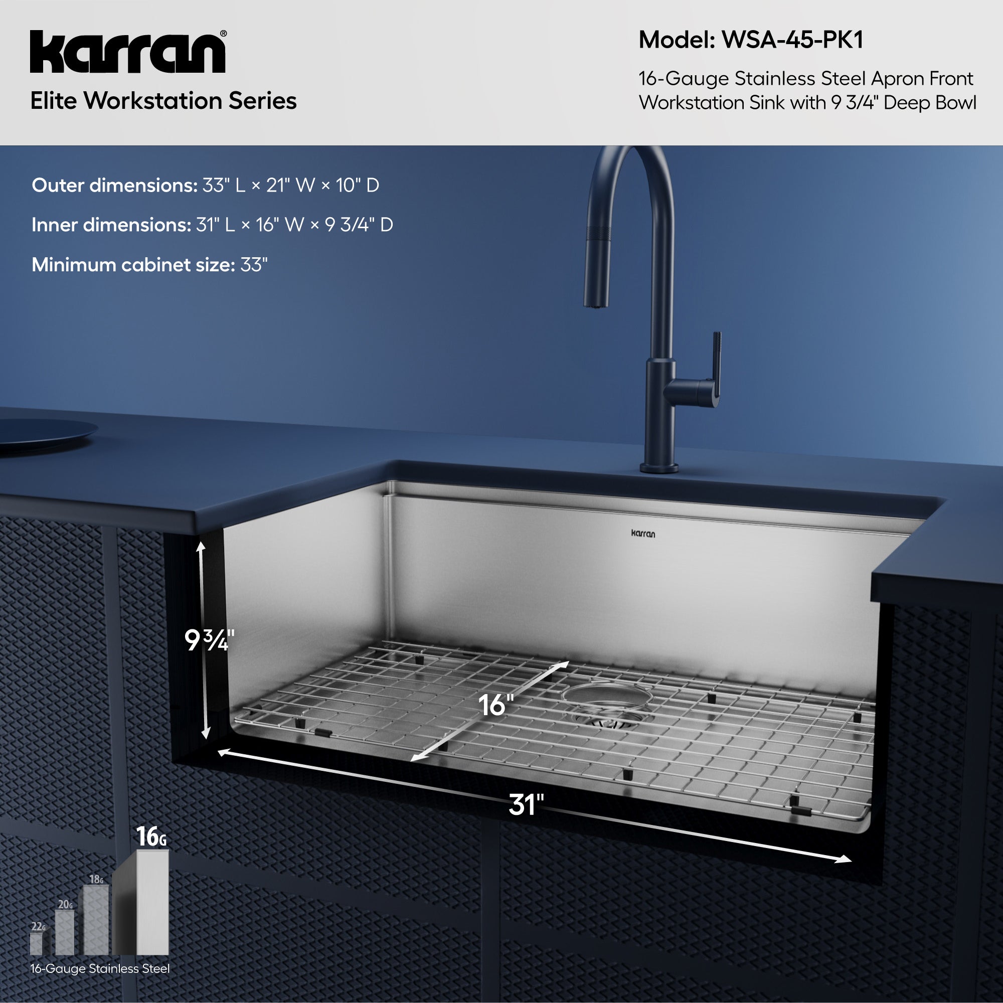 Alternative View of Karran Elite Workstation 33" Stainless Steel Workstation Farmhouse Sink with Accessories, 16 Gauge, WSA-45-PK1