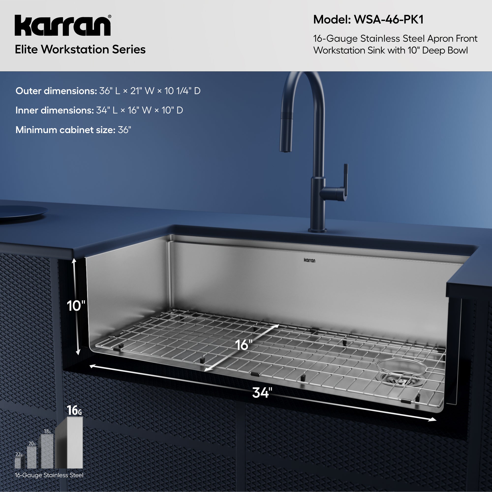 Alternative View of Karran Elite Workstation 36" Stainless Steel Workstation Farmhouse Sink with Accessories, 16 Gauge, WSA-46-PK1