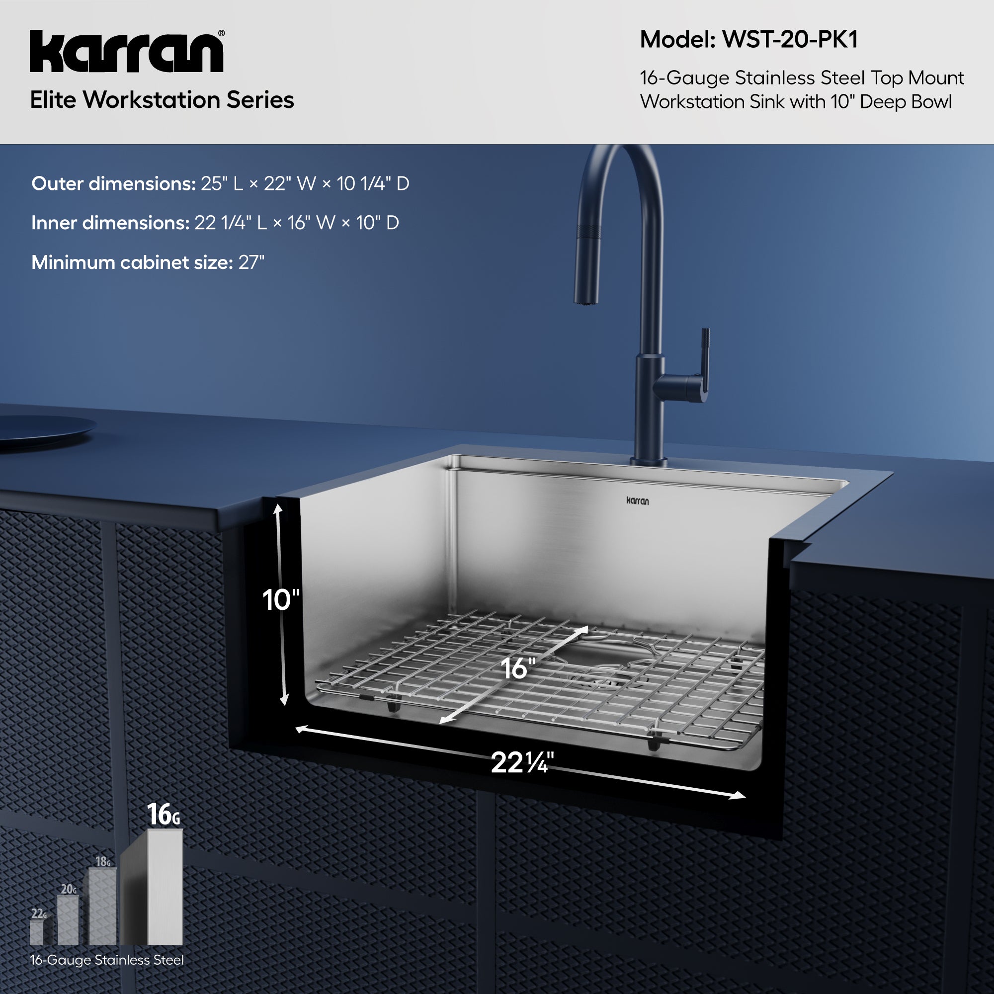 Alternative View of Karran Elite Workstation 25" Drop In/Topmount Stainless Steel Workstation Kitchen Sink with Accessories, 16 Gauge, WST-20-PK1