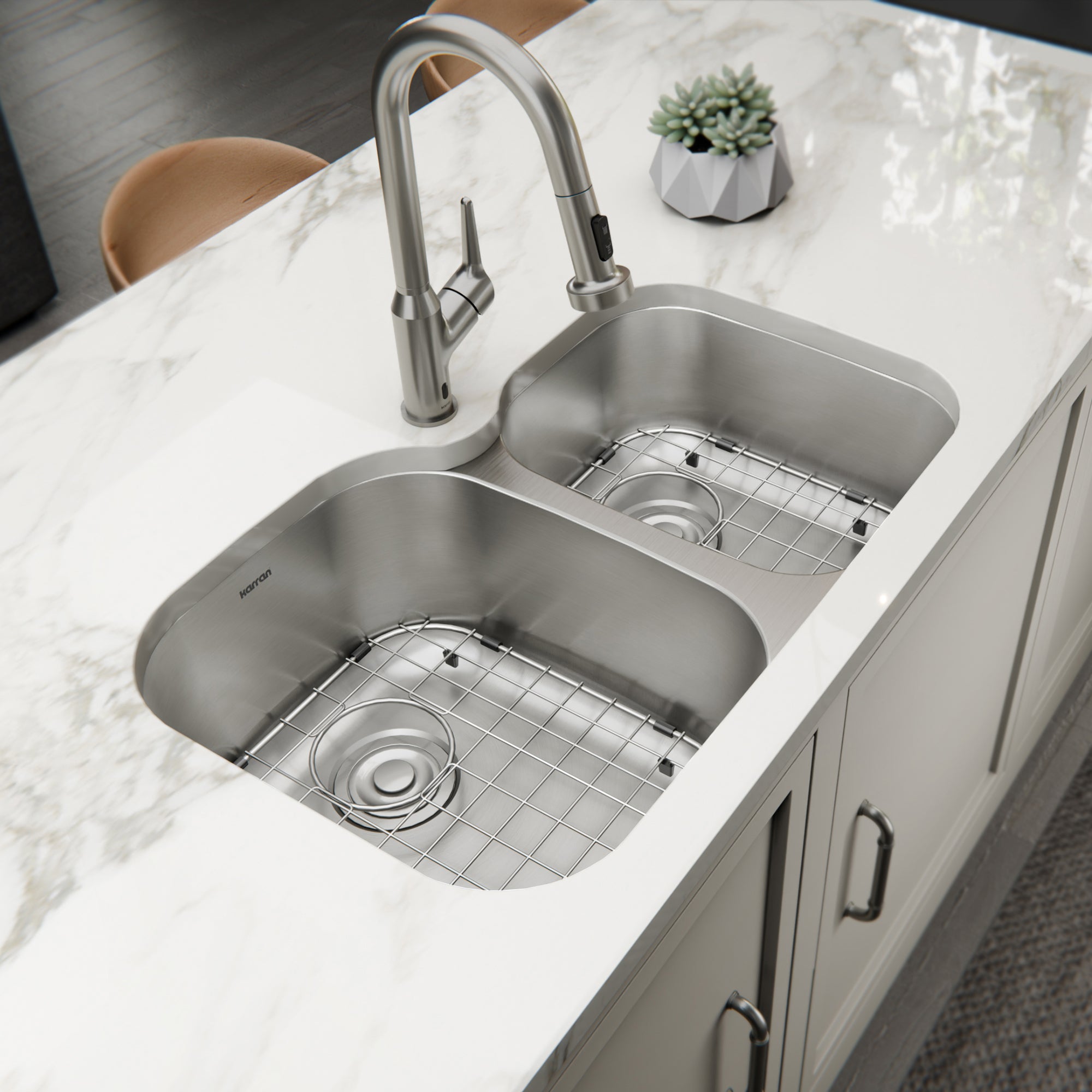 Karran Profile 32" Undermount Stainless Steel Kitchen Sink with Accessories, 60/40 Double Bowl, 18 Gauge, PRU33R-PK1