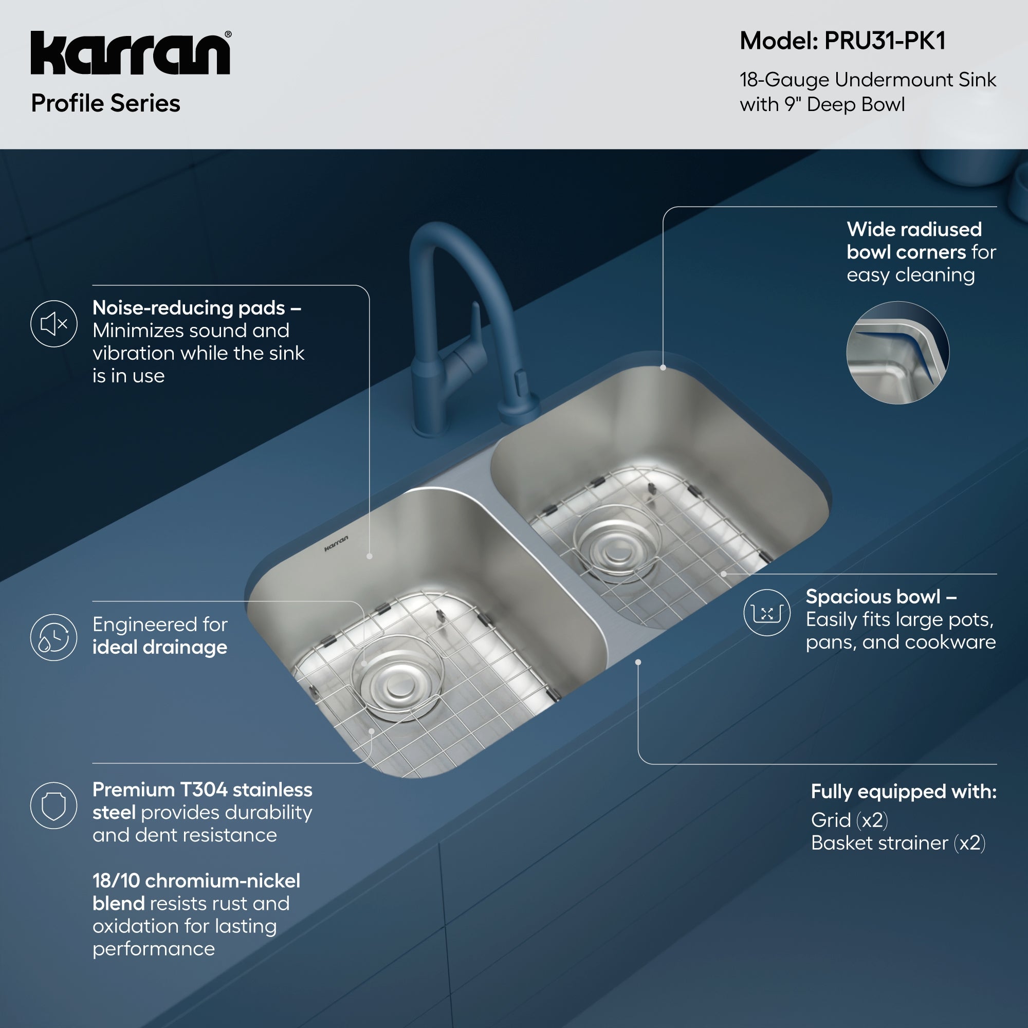 Karran Profile 32" Undermount Stainless Steel Kitchen Sink with Accessories, 50/50 Double Bowl, 18 Gauge, PRU31-PK1