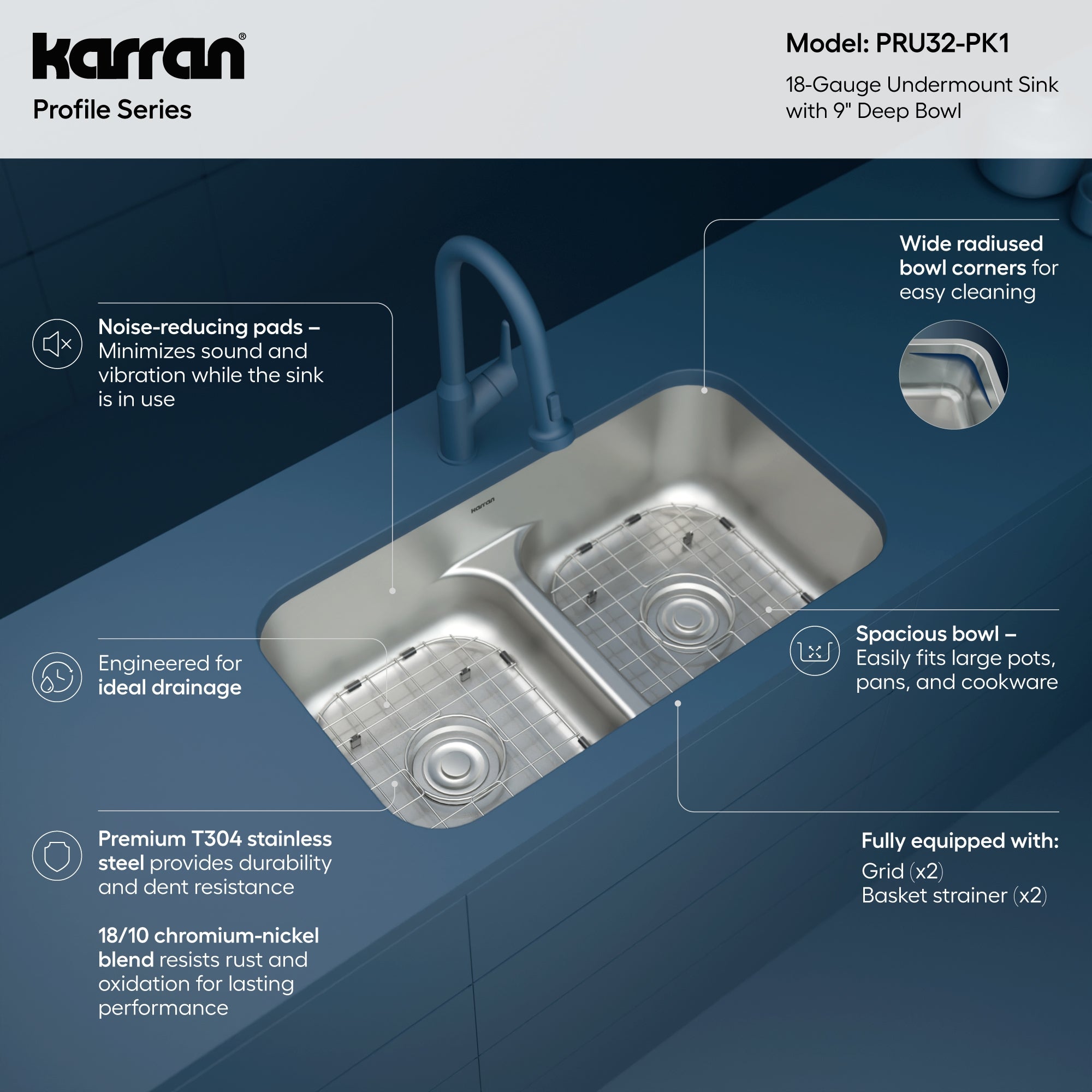 Karran Profile 32" Undermount Stainless Steel Kitchen Sink with Accessories, 50/50 Double Bowl, 18 Gauge, PRU32-PK1