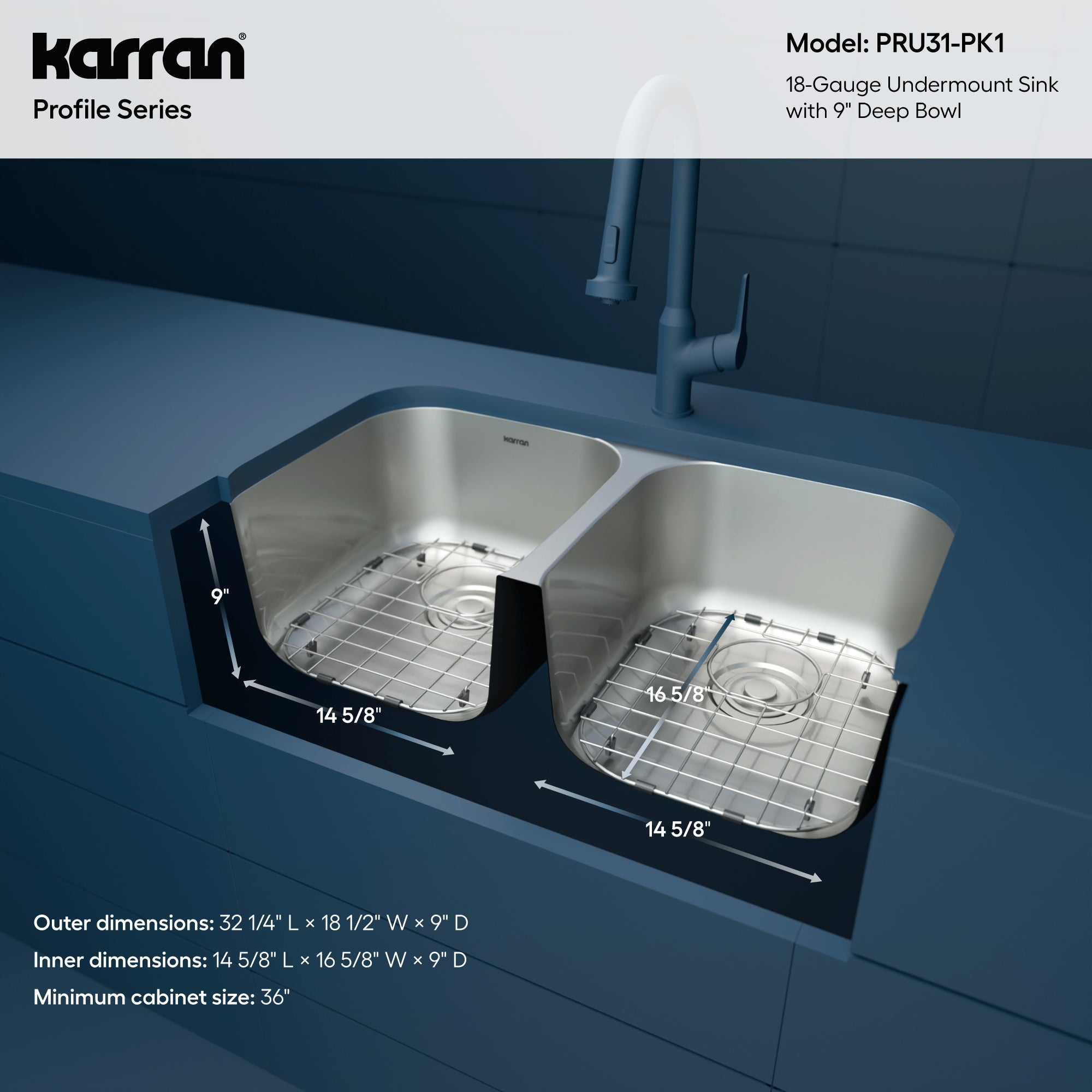 Karran Profile 32" Undermount Stainless Steel Kitchen Sink with Accessories, 50/50 Double Bowl, 18 Gauge, PRU31-PK1