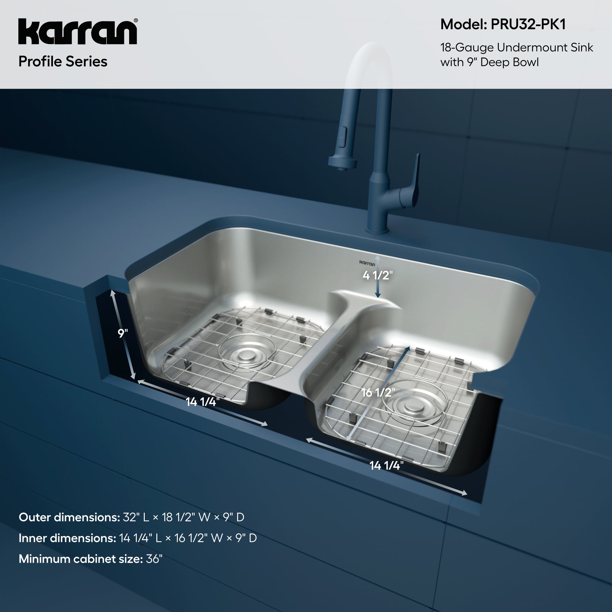Karran Profile 32" Undermount Stainless Steel Kitchen Sink with Accessories, 50/50 Double Bowl, 18 Gauge, PRU32-PK1