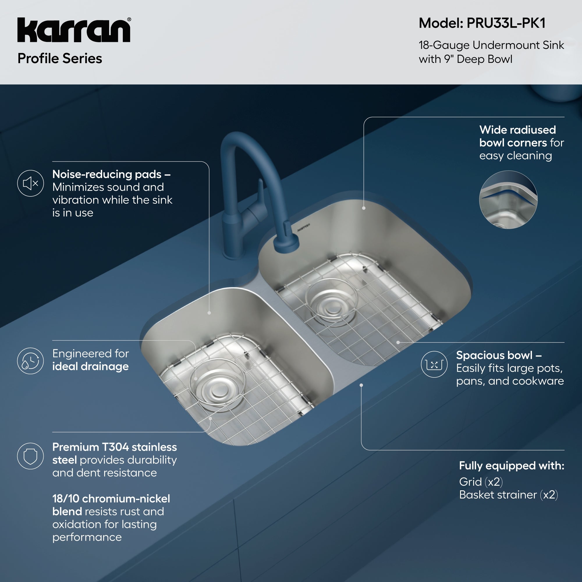Karran Profile 32" Undermount Stainless Steel Kitchen Sink with Accessories, 40/60 Double Bowl, 18 Gauge, PRU33L-PK1