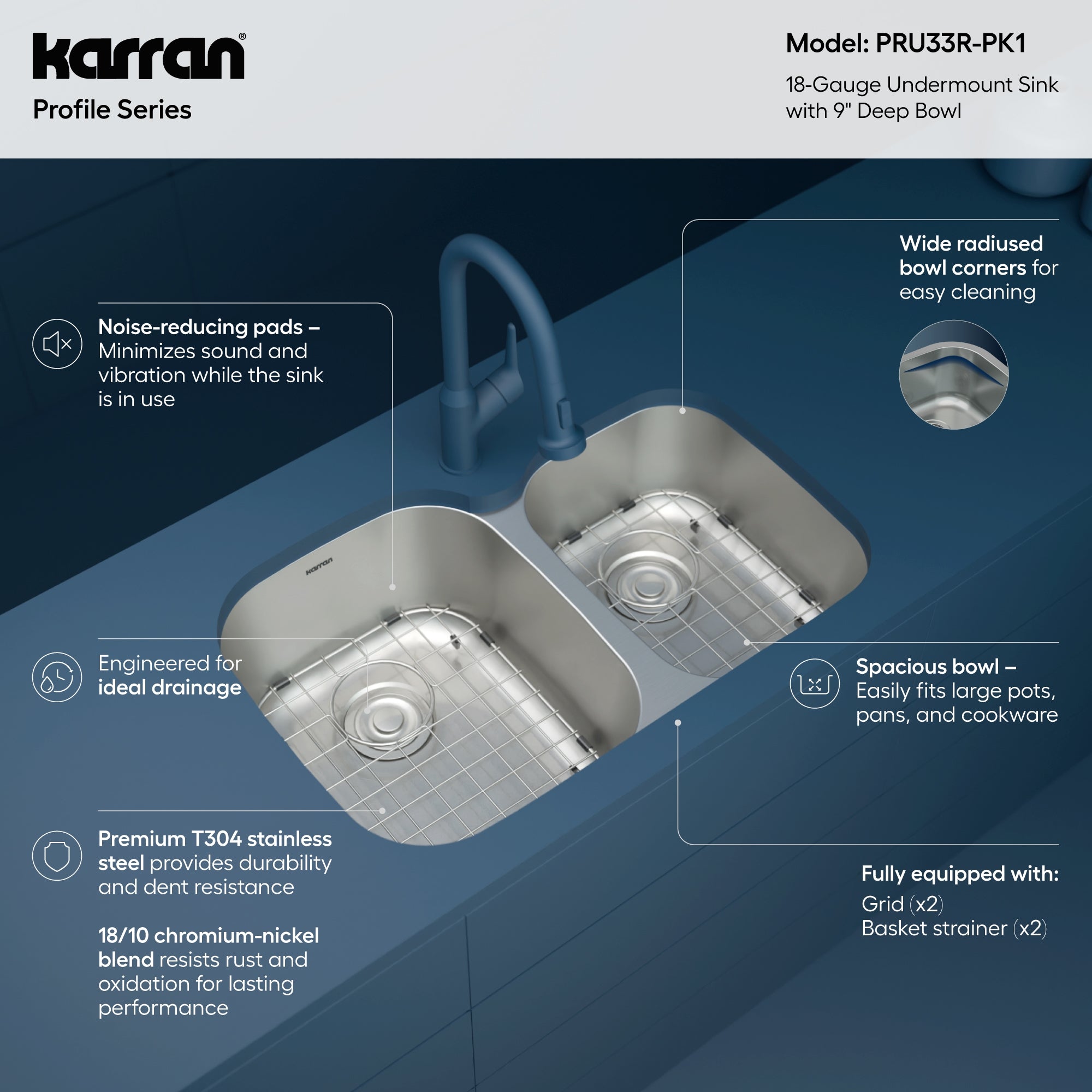Karran Profile 32" Undermount Stainless Steel Kitchen Sink with Accessories, 60/40 Double Bowl, 18 Gauge, PRU33R-PK1