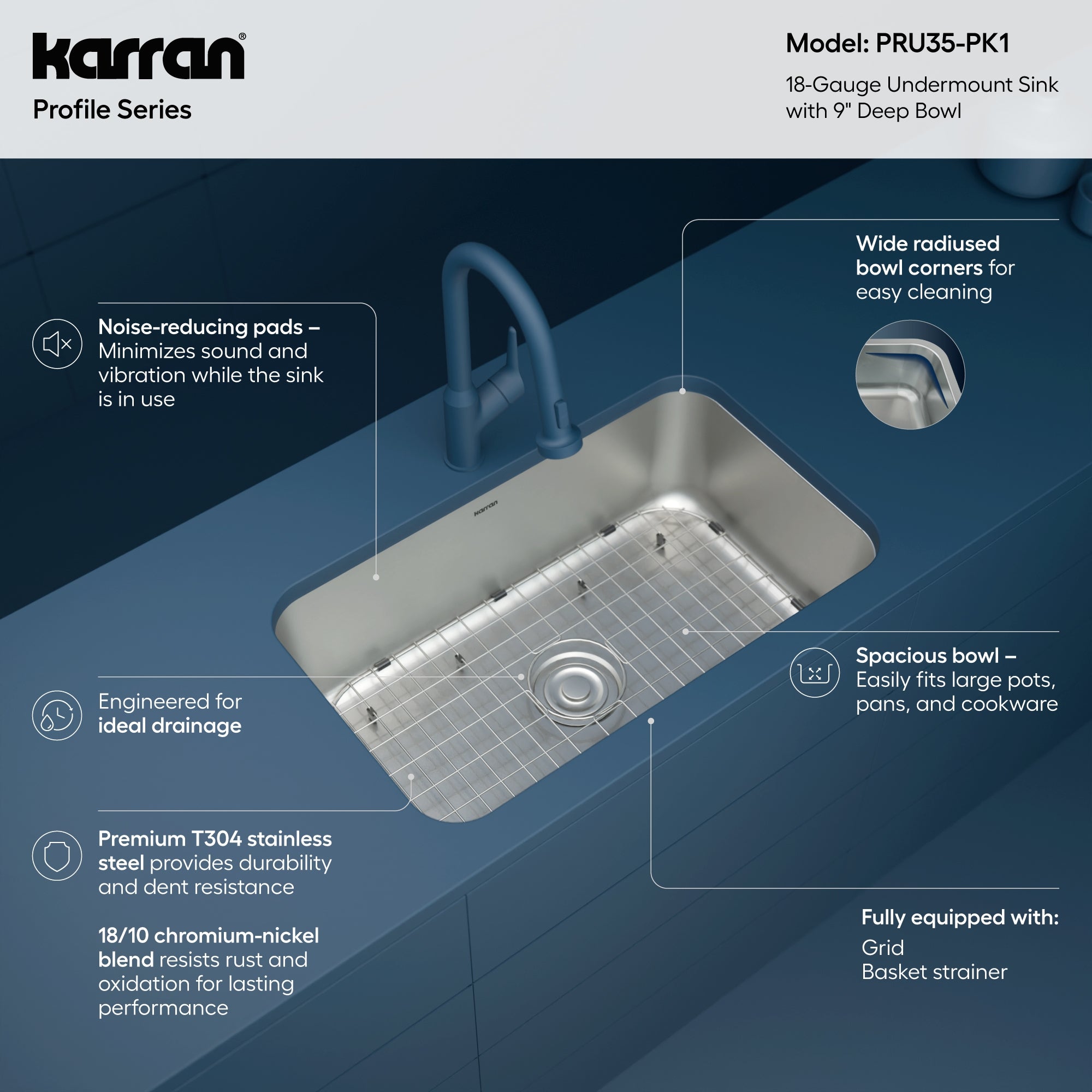 Karran Profile 30" Undermount Stainless Steel Kitchen Sink with Accessories, 18 Gauge, PRU35-PK1