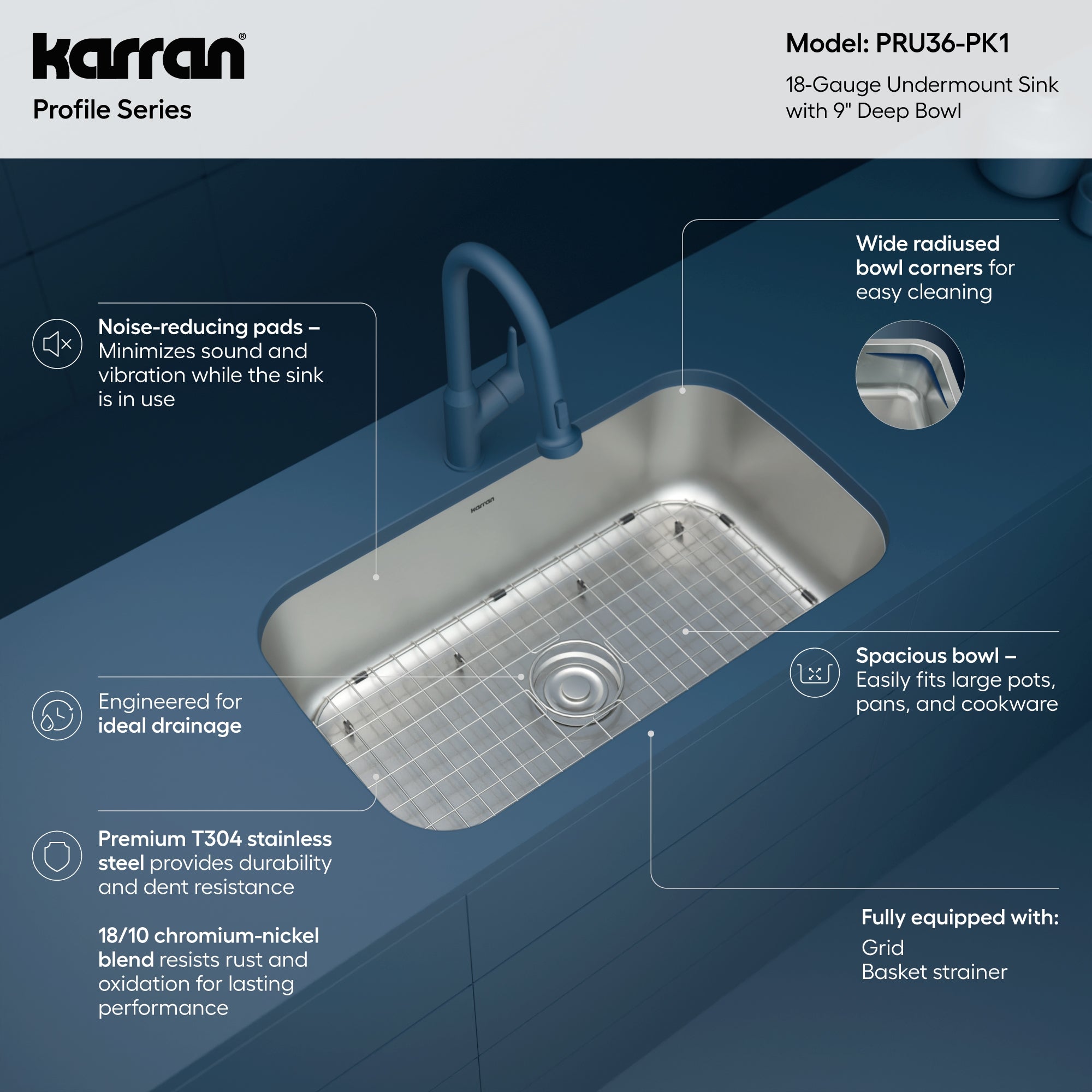 Karran Profile 32" Undermount Stainless Steel Kitchen Sink with Accessories, 18 Gauge, PRU36-PK1