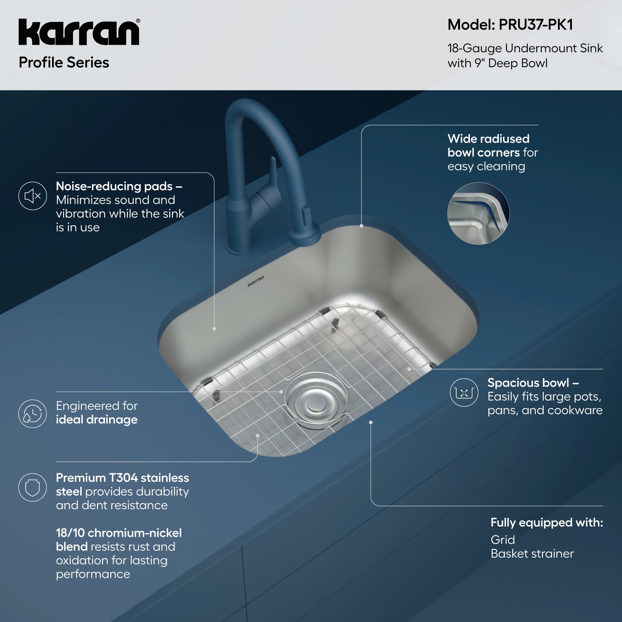 Karran Profile 23" Undermount Stainless Steel Kitchen Sink with Accessories, 18 Gauge, PRU37-PK1