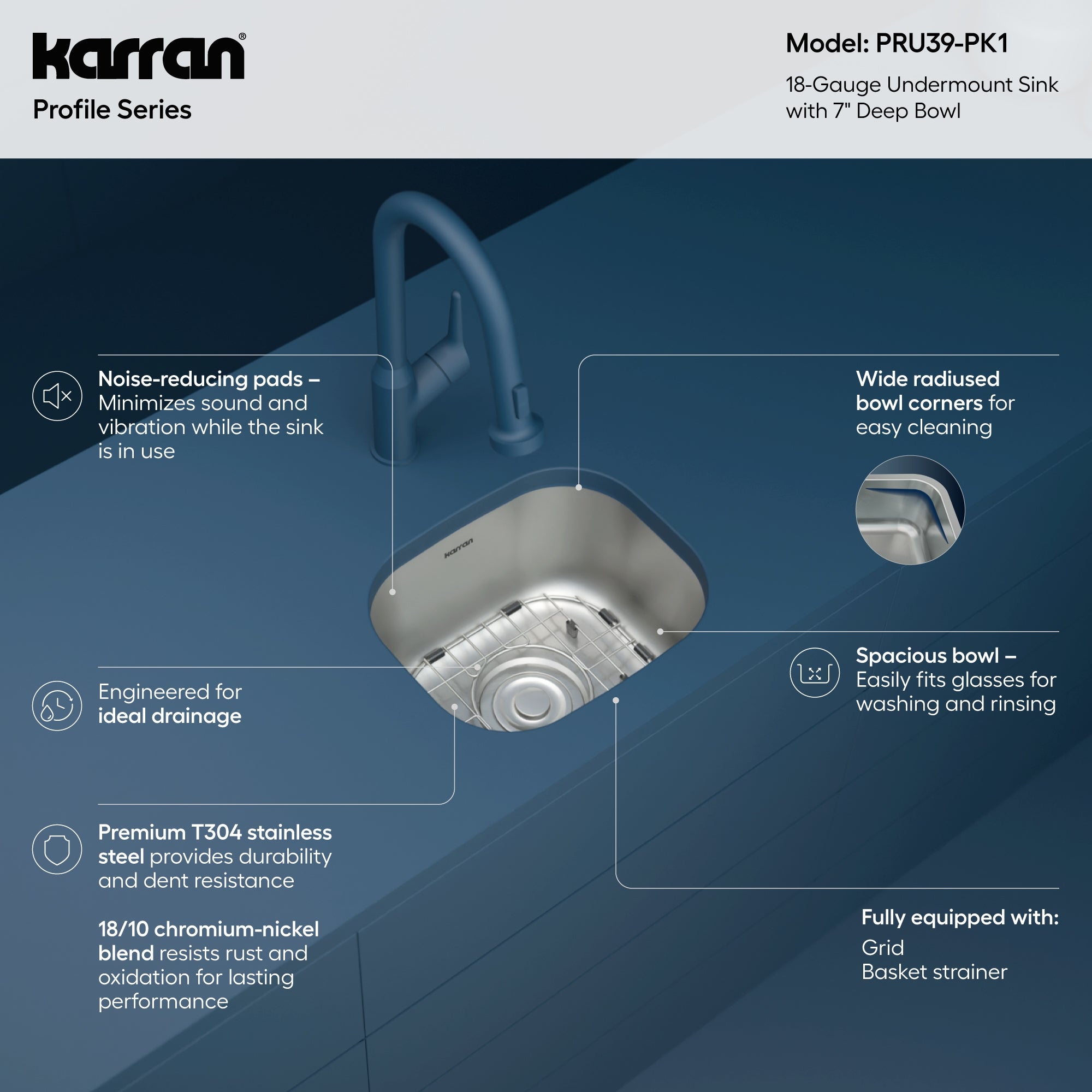 Karran Profile 15" Undermount Stainless Steel Kitchen Sink with Accessories, 18 Gauge, PRU39-PK1