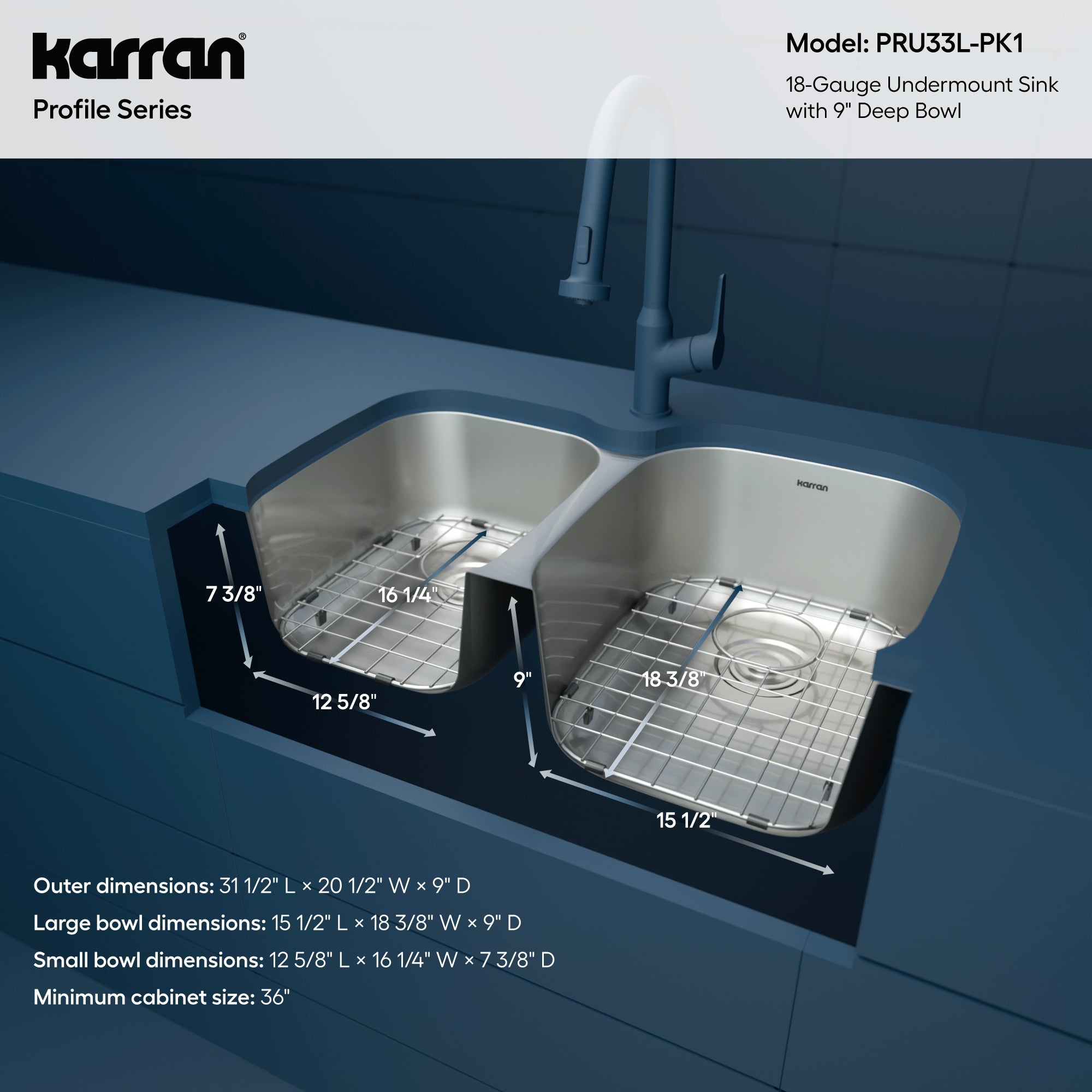 Karran Profile 32" Undermount Stainless Steel Kitchen Sink with Accessories, 40/60 Double Bowl, 18 Gauge, PRU33L-PK1
