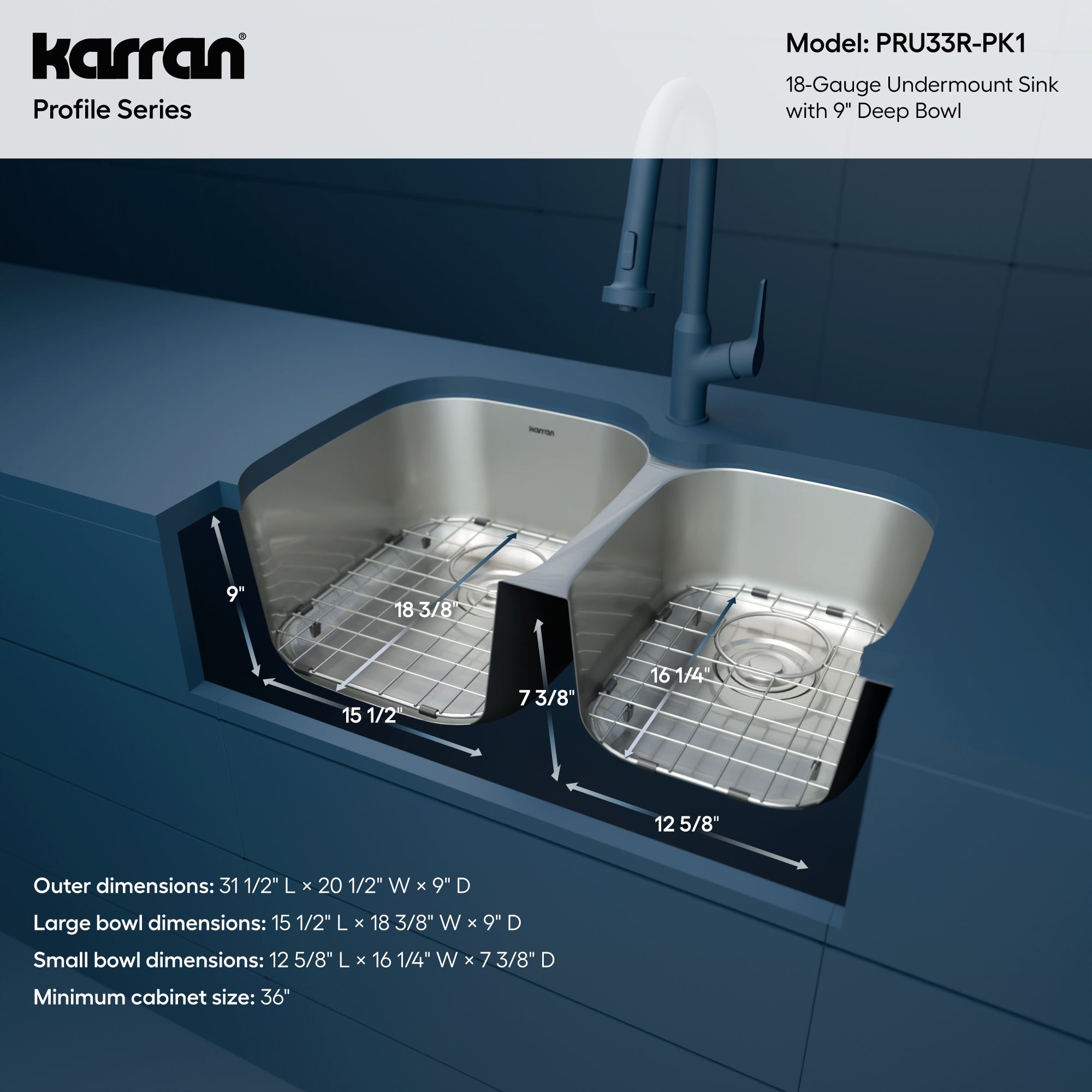 Karran Profile 32" Undermount Stainless Steel Kitchen Sink with Accessories, 60/40 Double Bowl, 18 Gauge, PRU33R-PK1