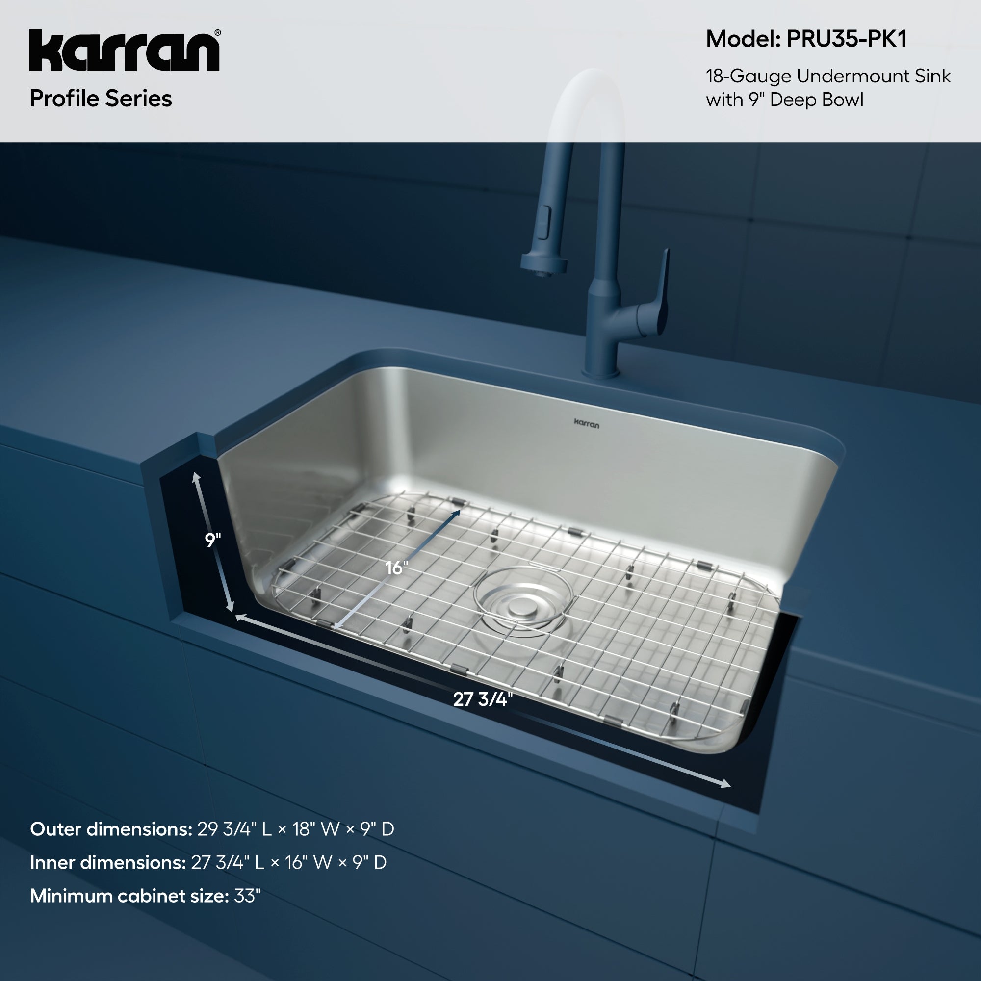 Karran Profile 30" Undermount Stainless Steel Kitchen Sink with Accessories, 18 Gauge, PRU35-PK1