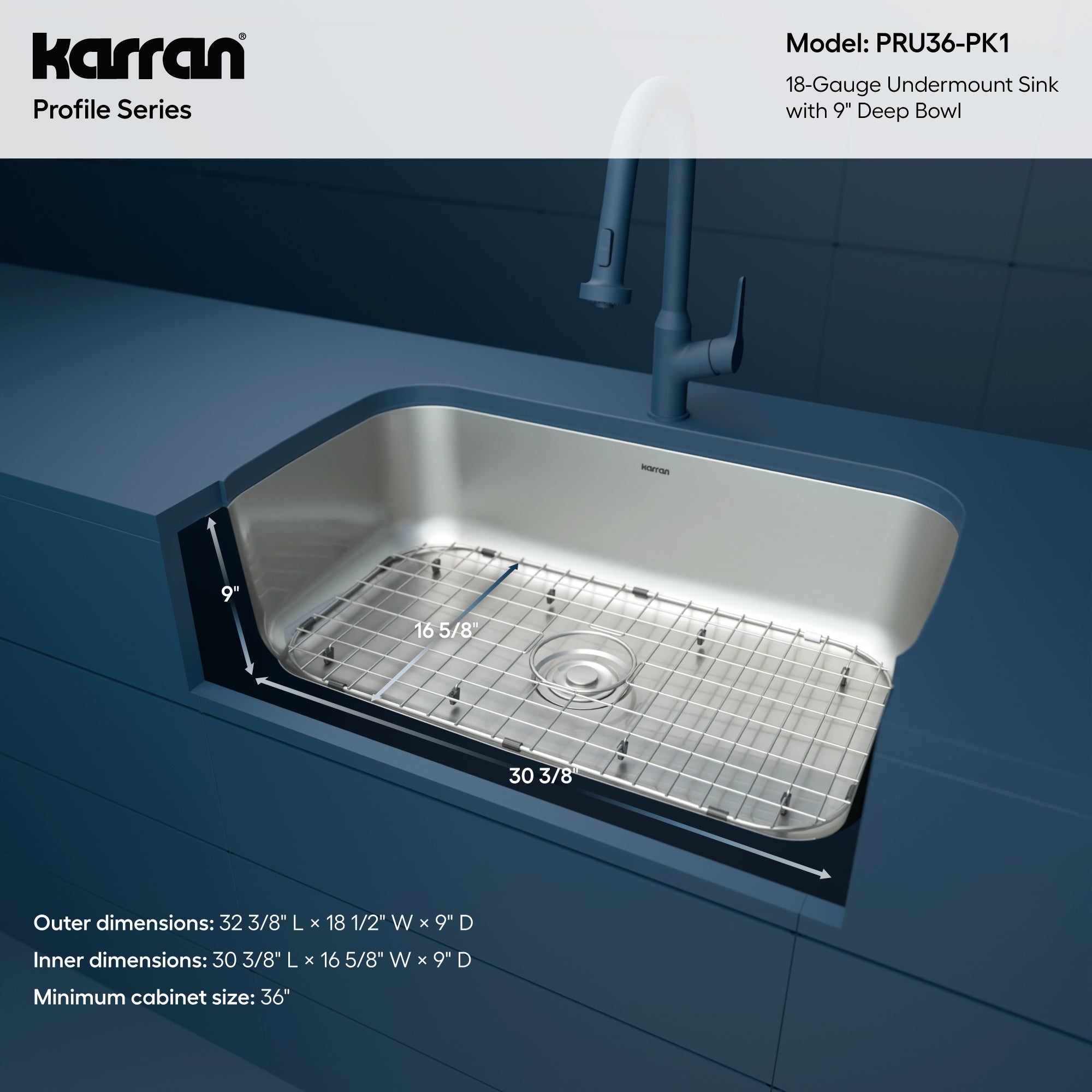 Karran Profile 32" Undermount Stainless Steel Kitchen Sink with Accessories, 18 Gauge, PRU36-PK1