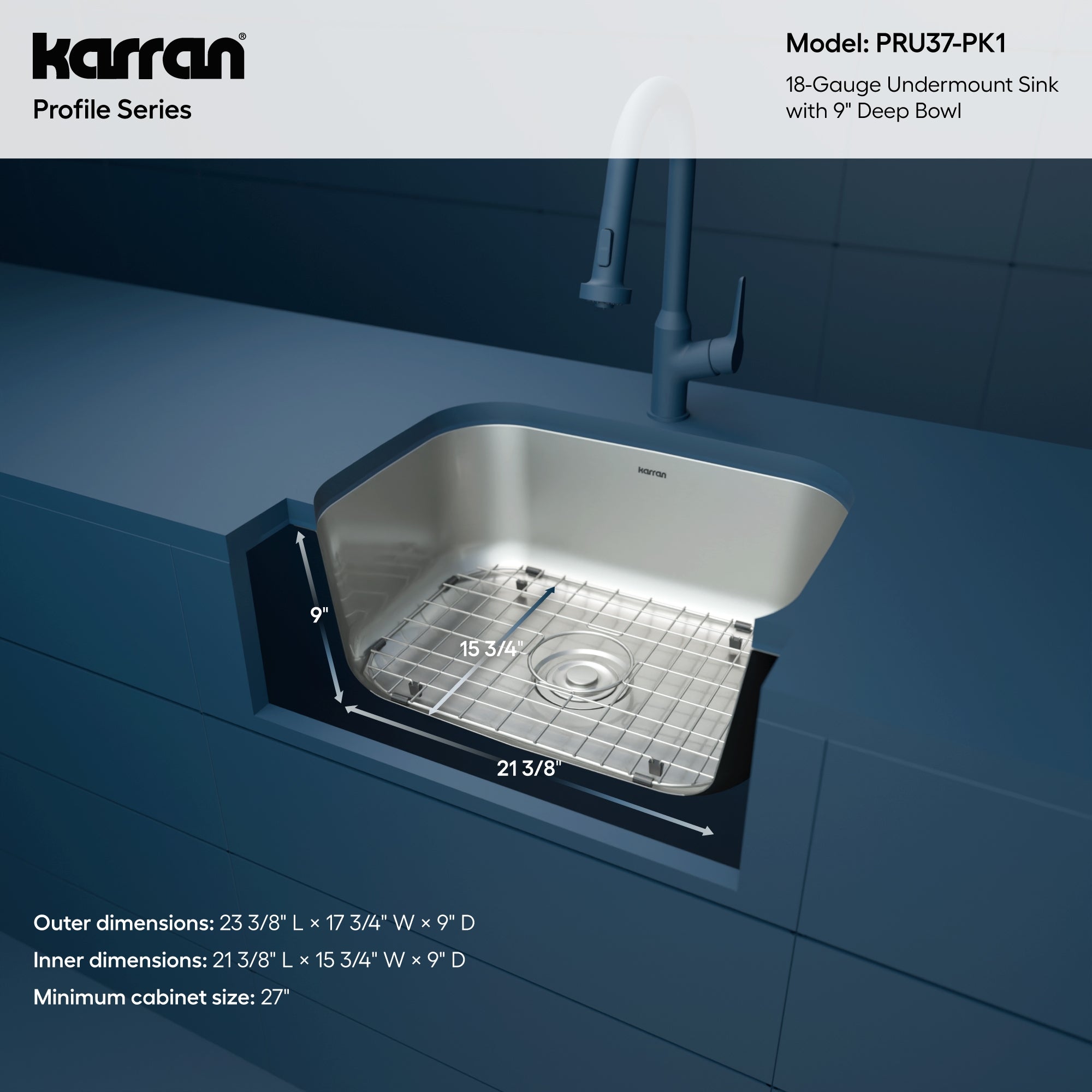 Karran Profile 23" Undermount Stainless Steel Kitchen Sink with Accessories, 18 Gauge, PRU37-PK1