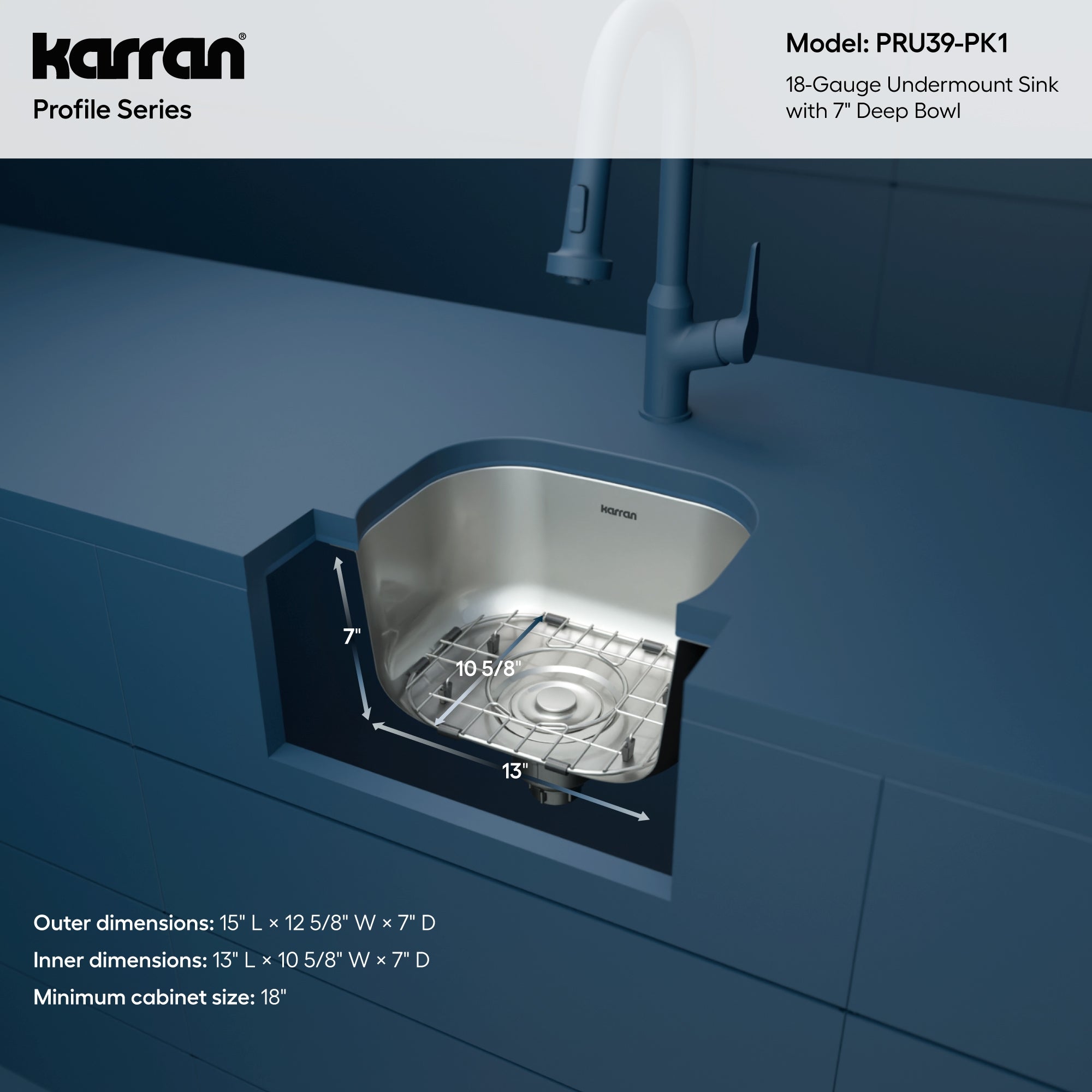 Karran Profile 15" Undermount Stainless Steel Kitchen Sink with Accessories, 18 Gauge, PRU39-PK1