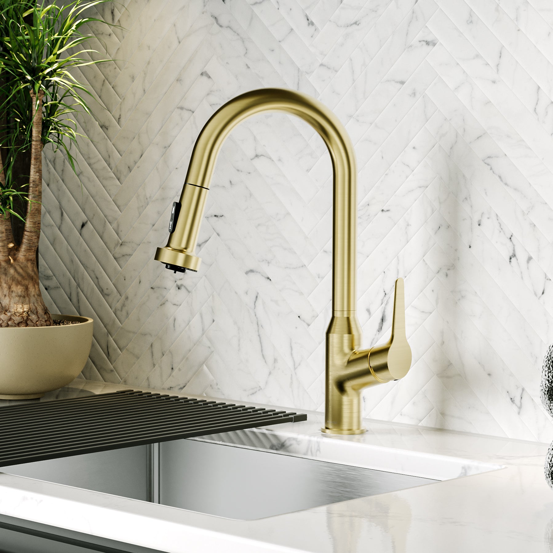 Karran Scottsdale 1.8 GPM Single Lever Handle Lead-free Brass ADA Kitchen Faucet, Pull-Down, Spot-Free Brushed Gold, KKF250SFBG