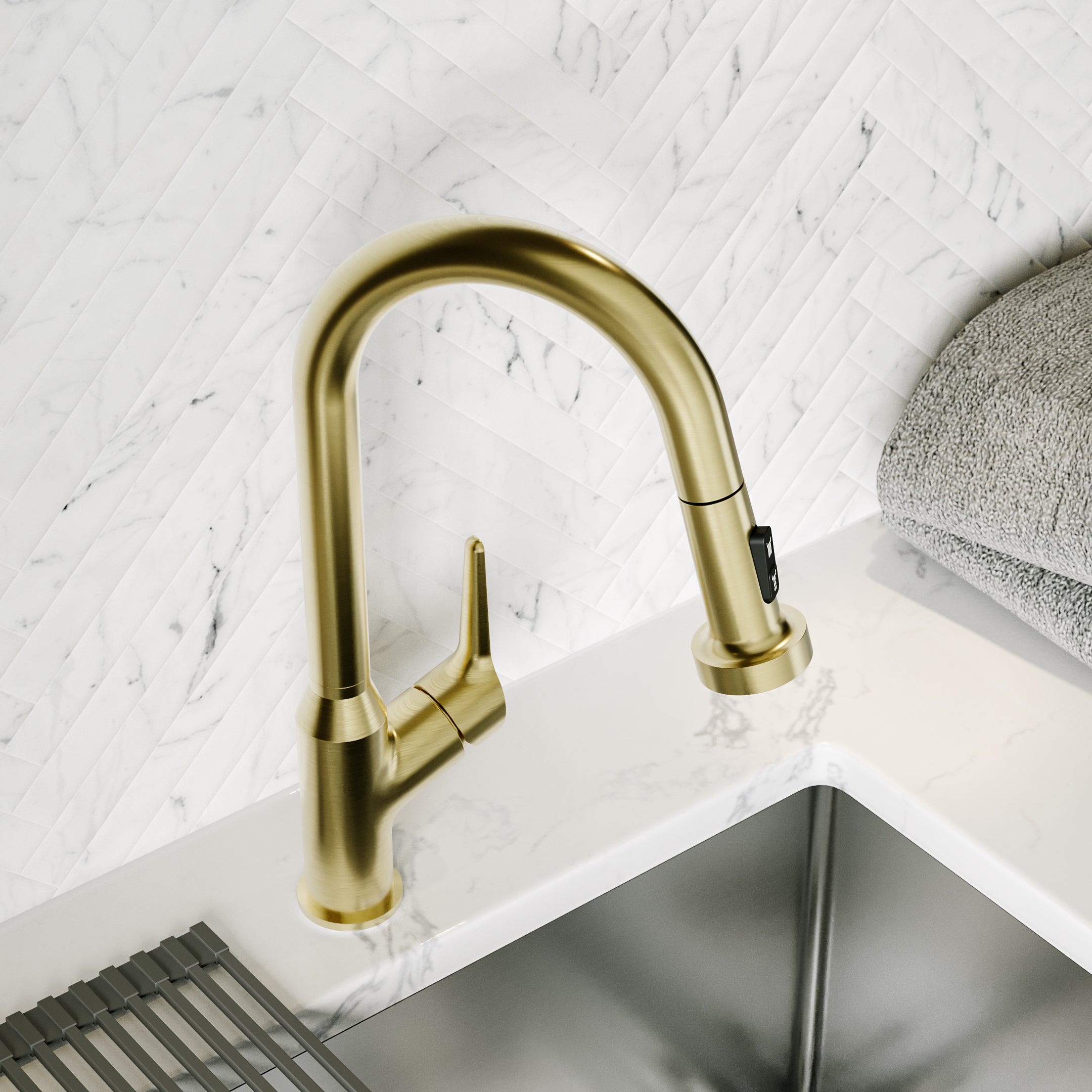Karran Scottsdale 1.8 GPM Single Lever Handle Lead-free Brass ADA Kitchen Faucet, Pull-Down, Spot-Free Brushed Gold, KKF250SFBG