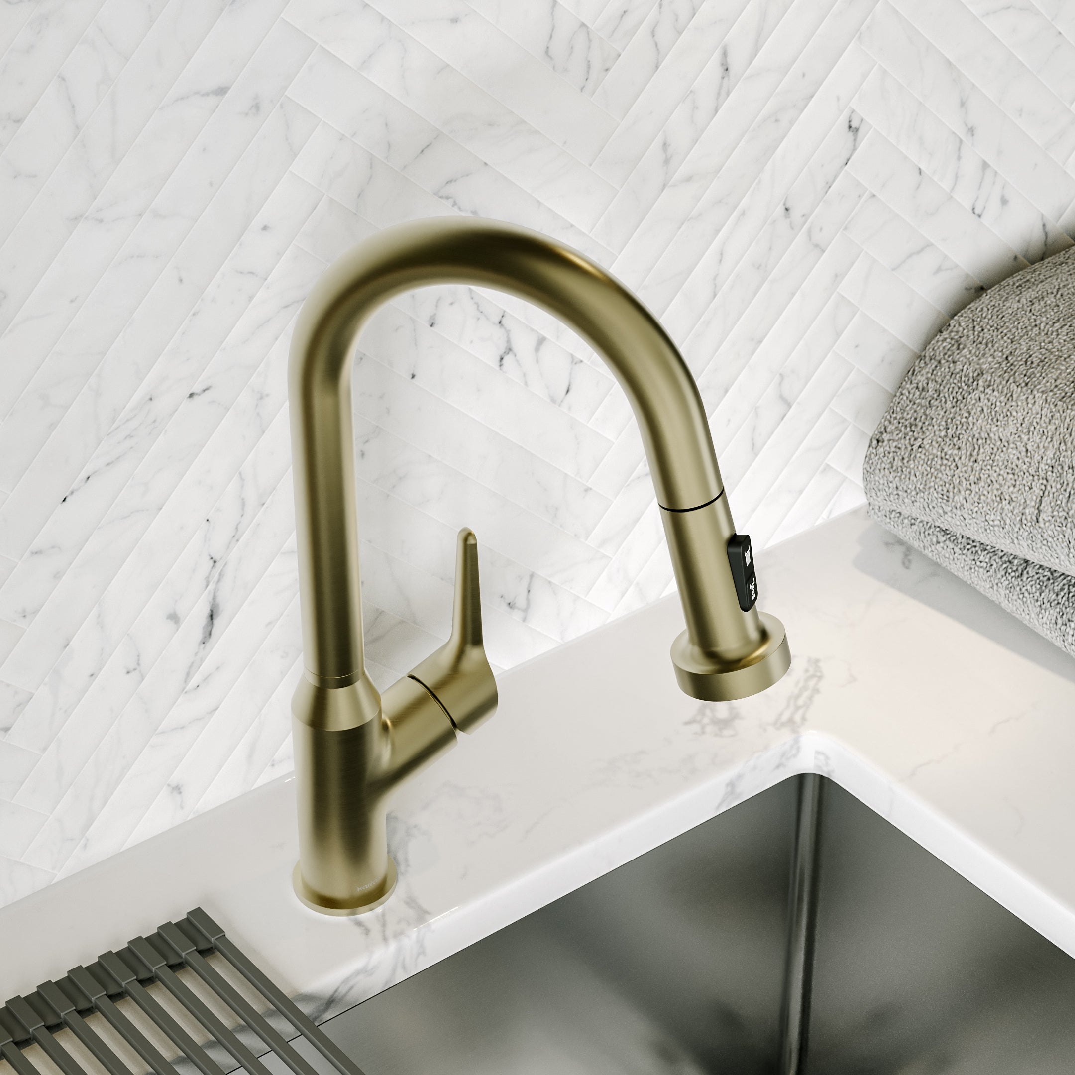 Karran Scottsdale 1.8 GPM Single Lever Handle Lead-free Brass ADA Kitchen Faucet, Pull-Down, Spot-Free Champagne Bronze, KKF250SFCB