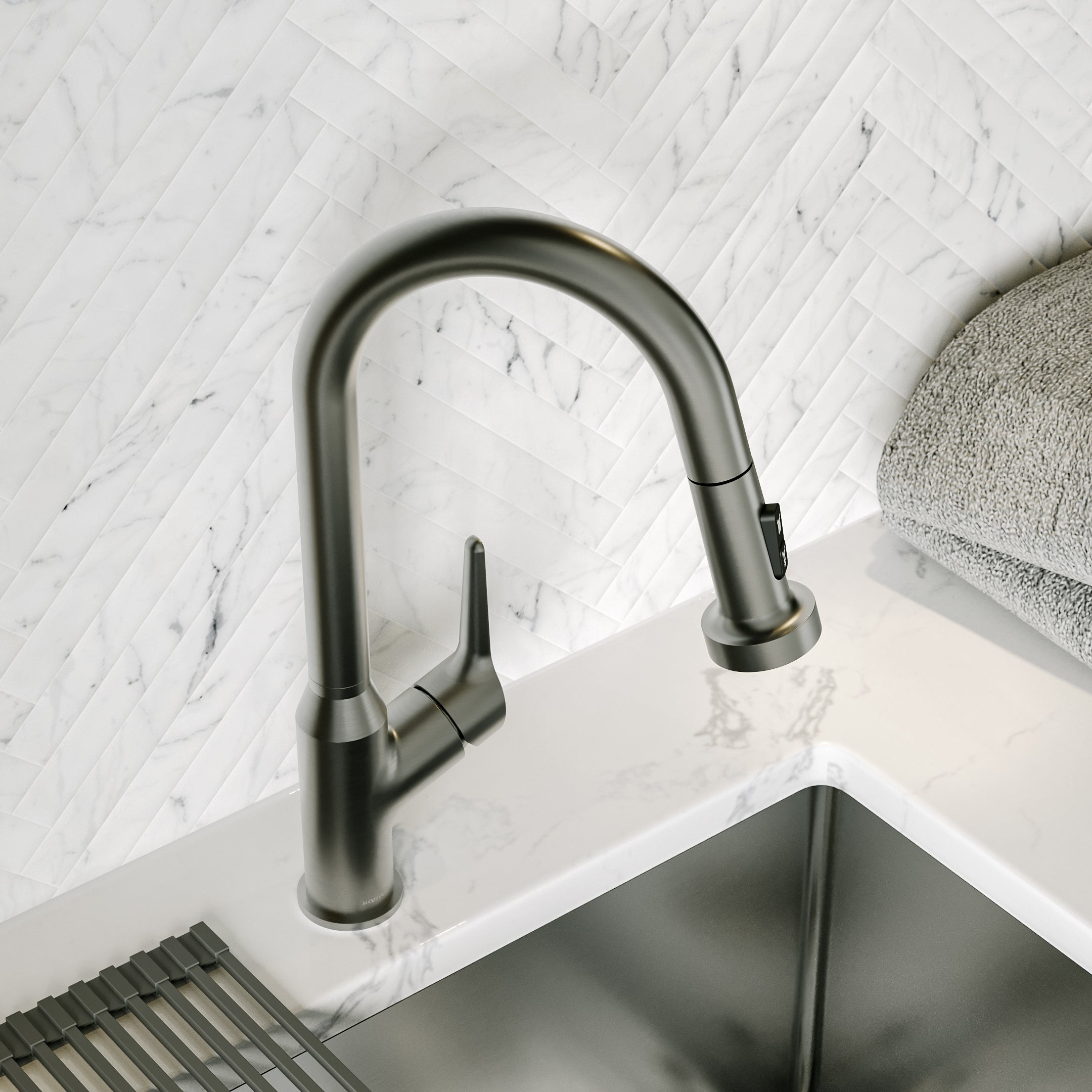 Karran Scottsdale 1.8 GPM Single Lever Handle Lead-free Brass ADA Kitchen Faucet, Pull-Down, Spot-Free Gunmetal Grey, KKF250SFGG