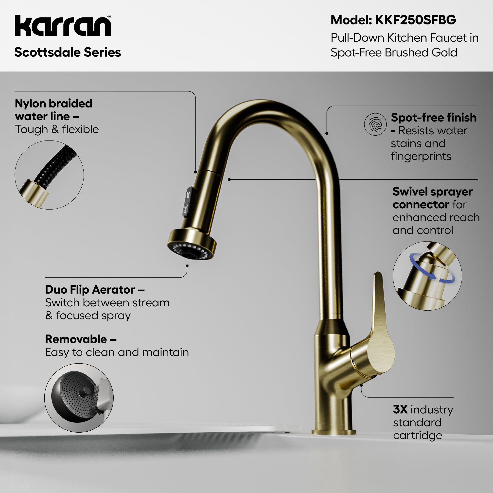 Alternative View of Karran Scottsdale 1.8 GPM Single Lever Handle Lead-free Brass ADA Kitchen Faucet, Pull-Down, Spot-Free Brushed Gold, KKF250SFBG