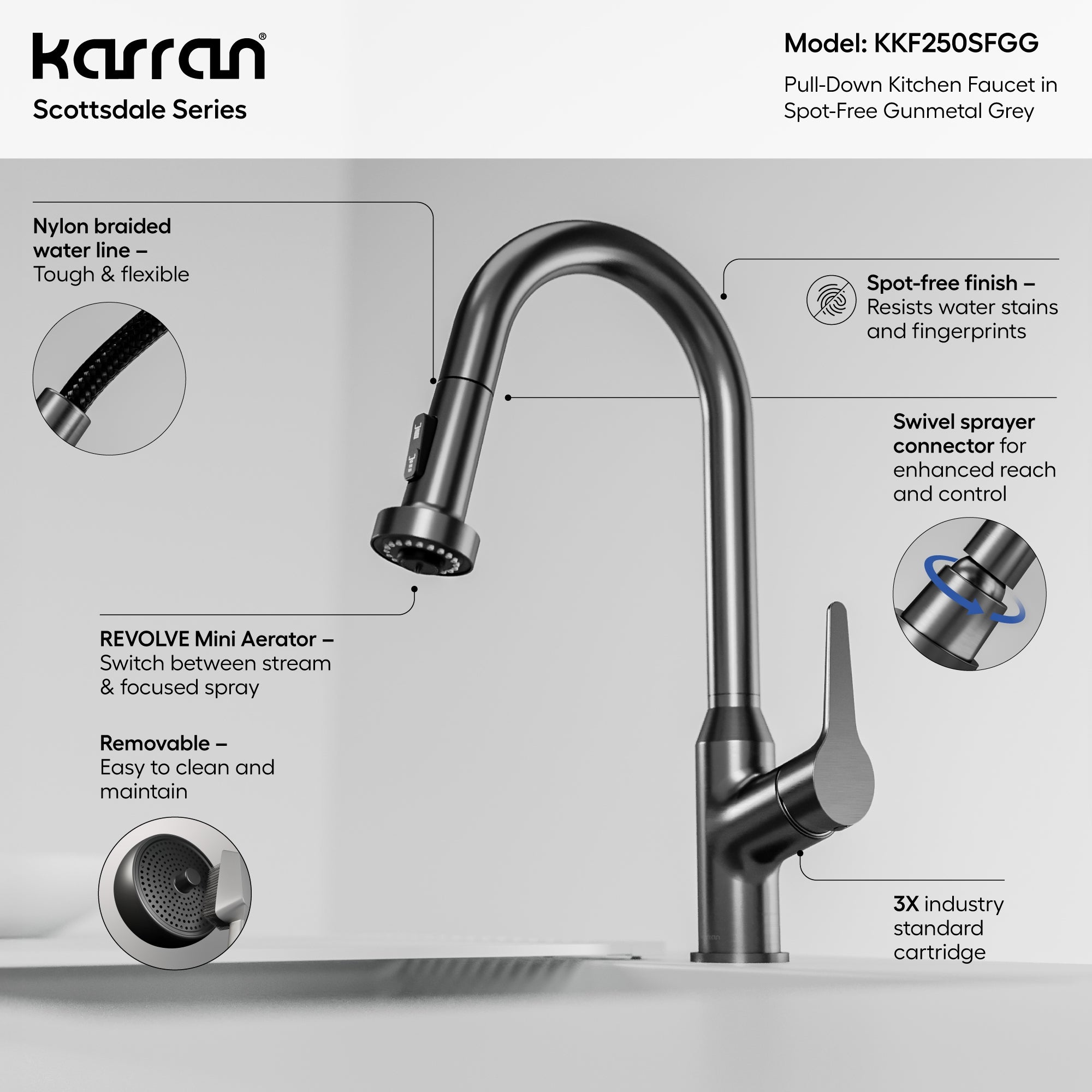 Karran Scottsdale 1.8 GPM Single Lever Handle Lead-free Brass ADA Kitchen Faucet, Pull-Down, Spot-Free Gunmetal Grey, KKF250SFGG