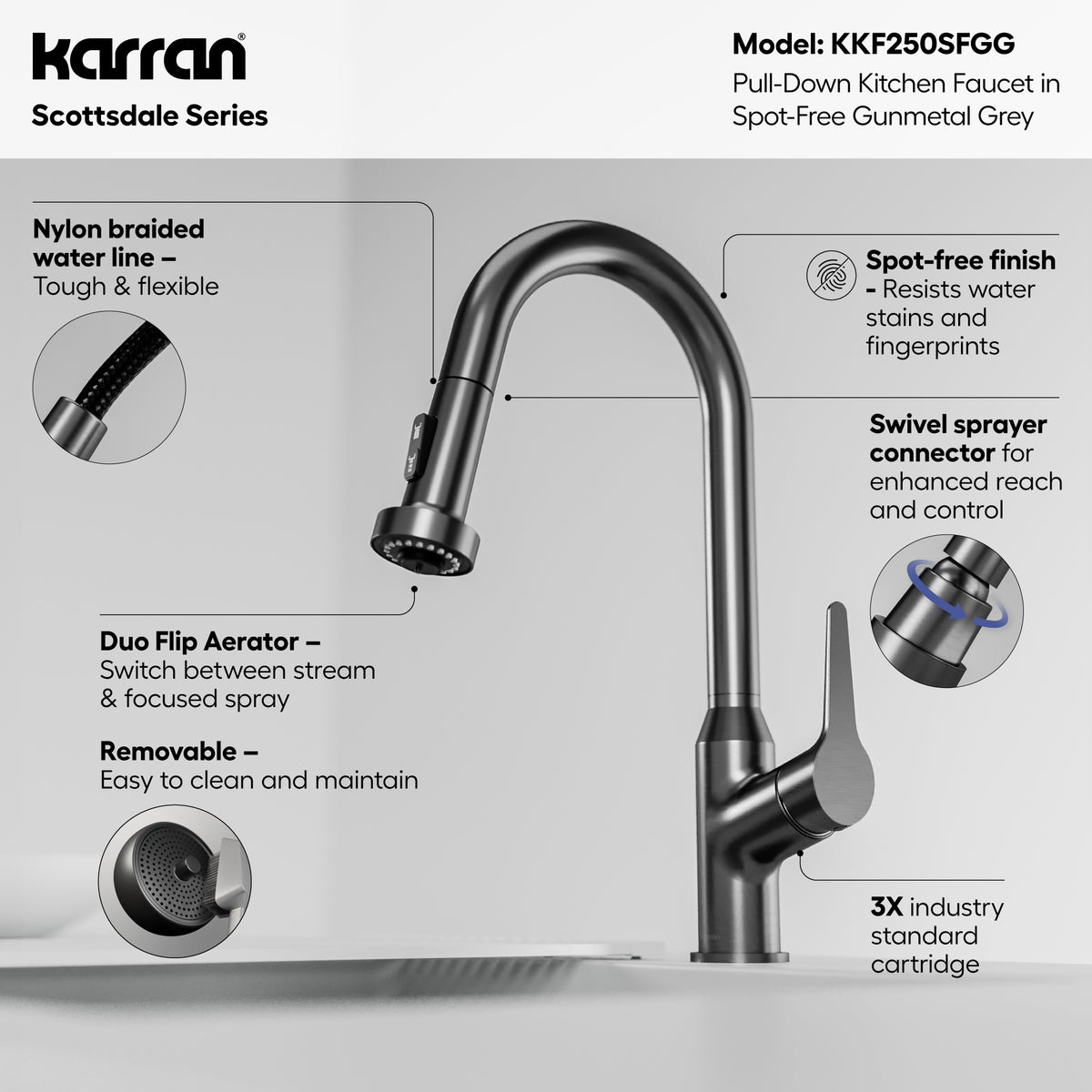 Alternative View of Karran Scottsdale 1.8 GPM Single Lever Handle Lead-free Brass ADA Kitchen Faucet, Pull-Down, Spot-Free Gunmetal Grey, KKF250SFGG