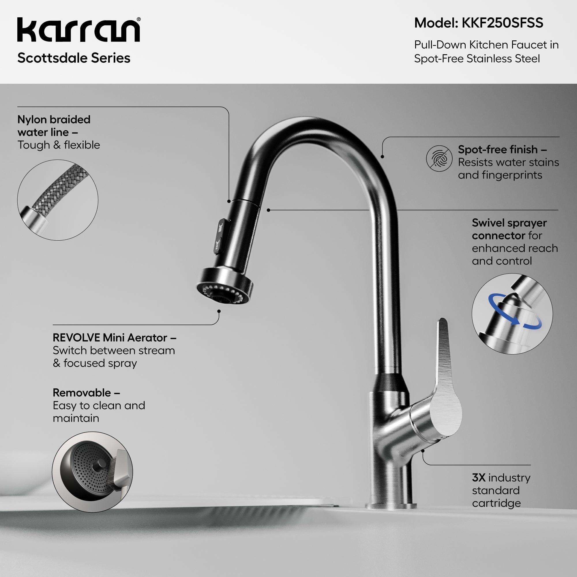 Karran Scottsdale 1.8 GPM Single Lever Handle Lead-free Brass ADA Kitchen Faucet, Pull-Down, Spot Free Stainless Steel, KKF250SFSS