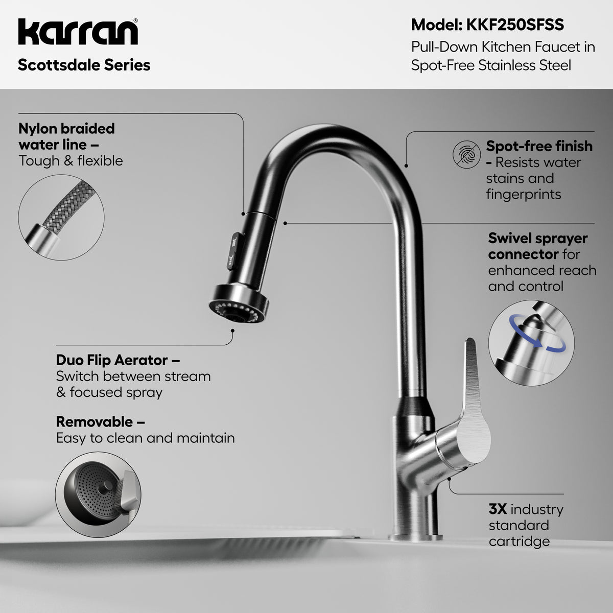 Alternative View of Karran Scottsdale 1.8 GPM Single Lever Handle Lead-free Brass ADA Kitchen Faucet, Pull-Down, Spot Free Stainless Steel, KKF250SFSS