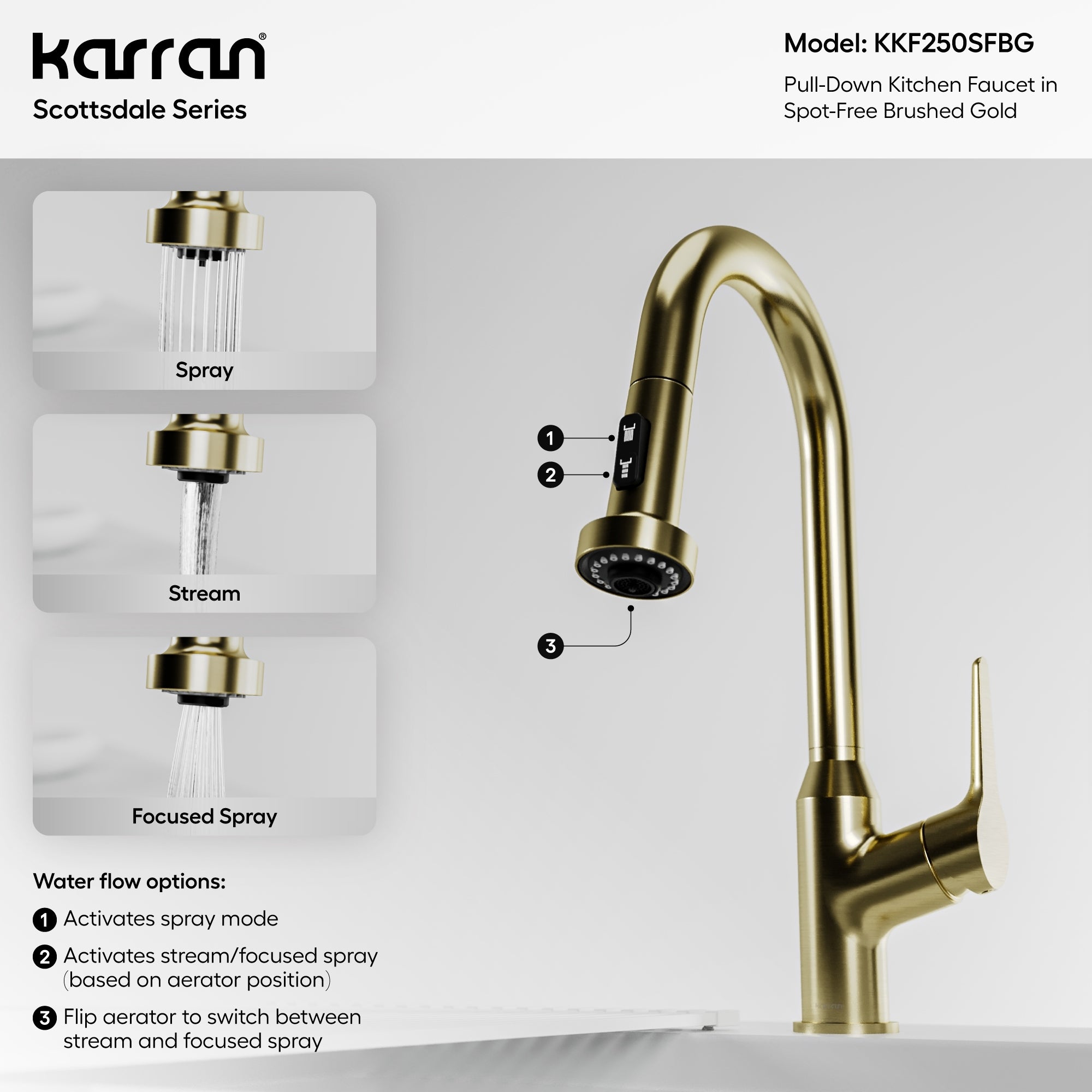 Karran Scottsdale 1.8 GPM Single Lever Handle Lead-free Brass ADA Kitchen Faucet, Pull-Down, Spot-Free Brushed Gold, KKF250SFBG