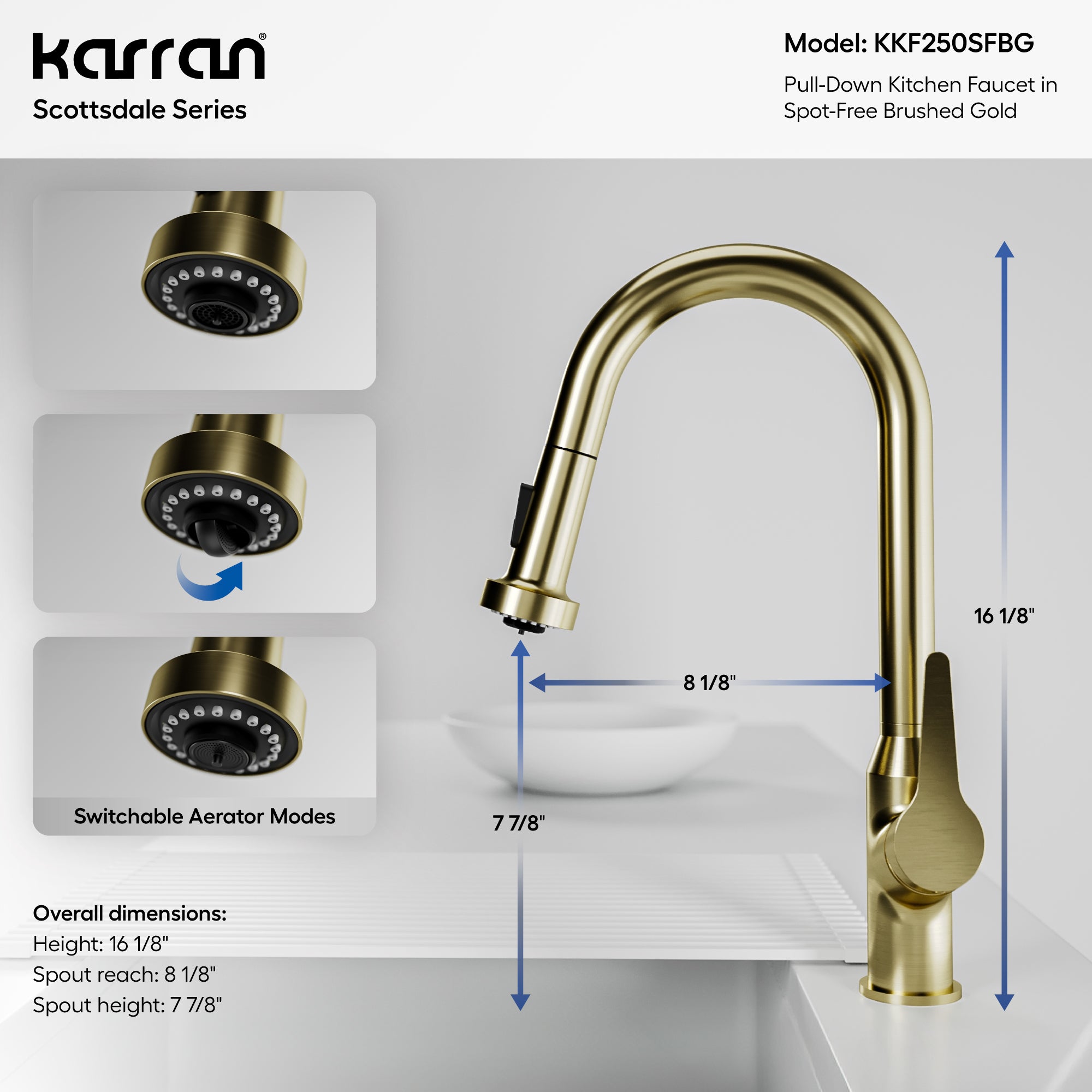 Karran Scottsdale 1.8 GPM Single Lever Handle Lead-free Brass ADA Kitchen Faucet, Pull-Down, Spot-Free Brushed Gold, KKF250SFBG