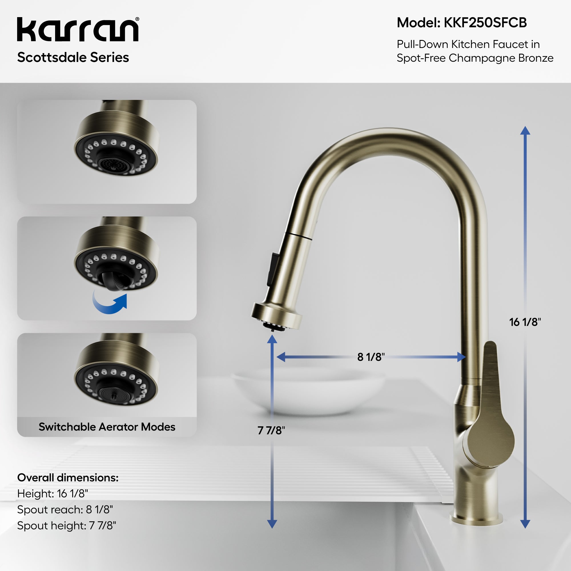 Karran Scottsdale 1.8 GPM Single Lever Handle Lead-free Brass ADA Kitchen Faucet, Pull-Down, Spot-Free Champagne Bronze, KKF250SFCB