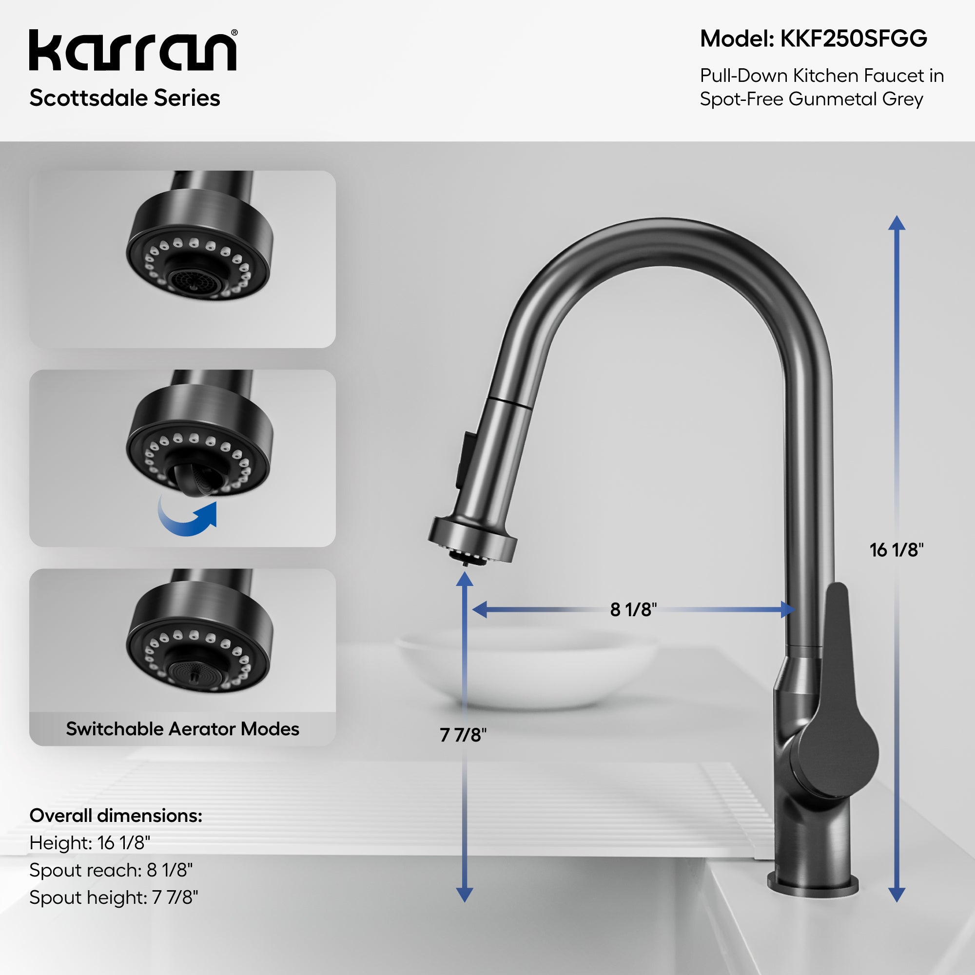 Karran Scottsdale 1.8 GPM Single Lever Handle Lead-free Brass ADA Kitchen Faucet, Pull-Down, Spot-Free Gunmetal Grey, KKF250SFGG