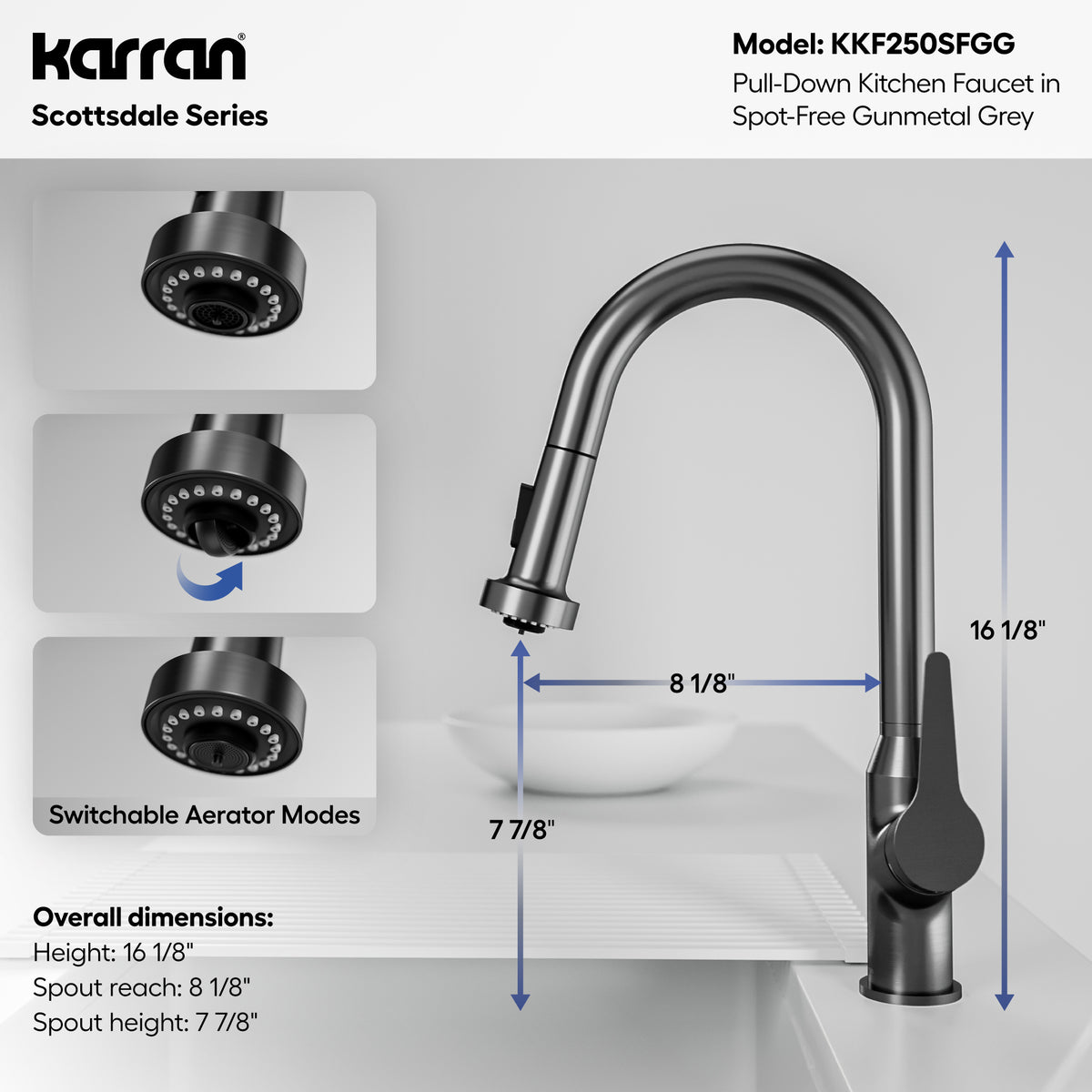 Alternative View of Karran Scottsdale 1.8 GPM Single Lever Handle Lead-free Brass ADA Kitchen Faucet, Pull-Down, Spot-Free Gunmetal Grey, KKF250SFGG
