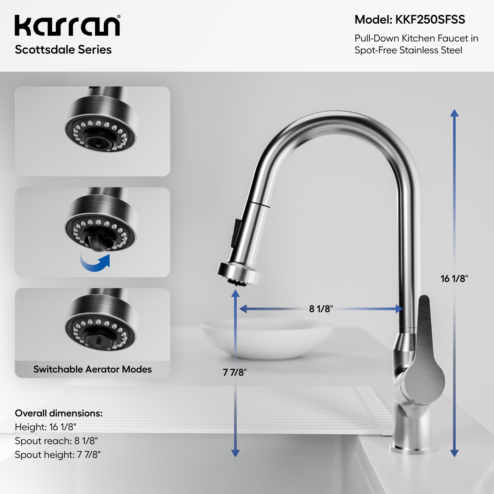 Karran Scottsdale 1.8 GPM Single Lever Handle Lead-free Brass ADA Kitchen Faucet, Pull-Down, Spot Free Stainless Steel, KKF250SFSS