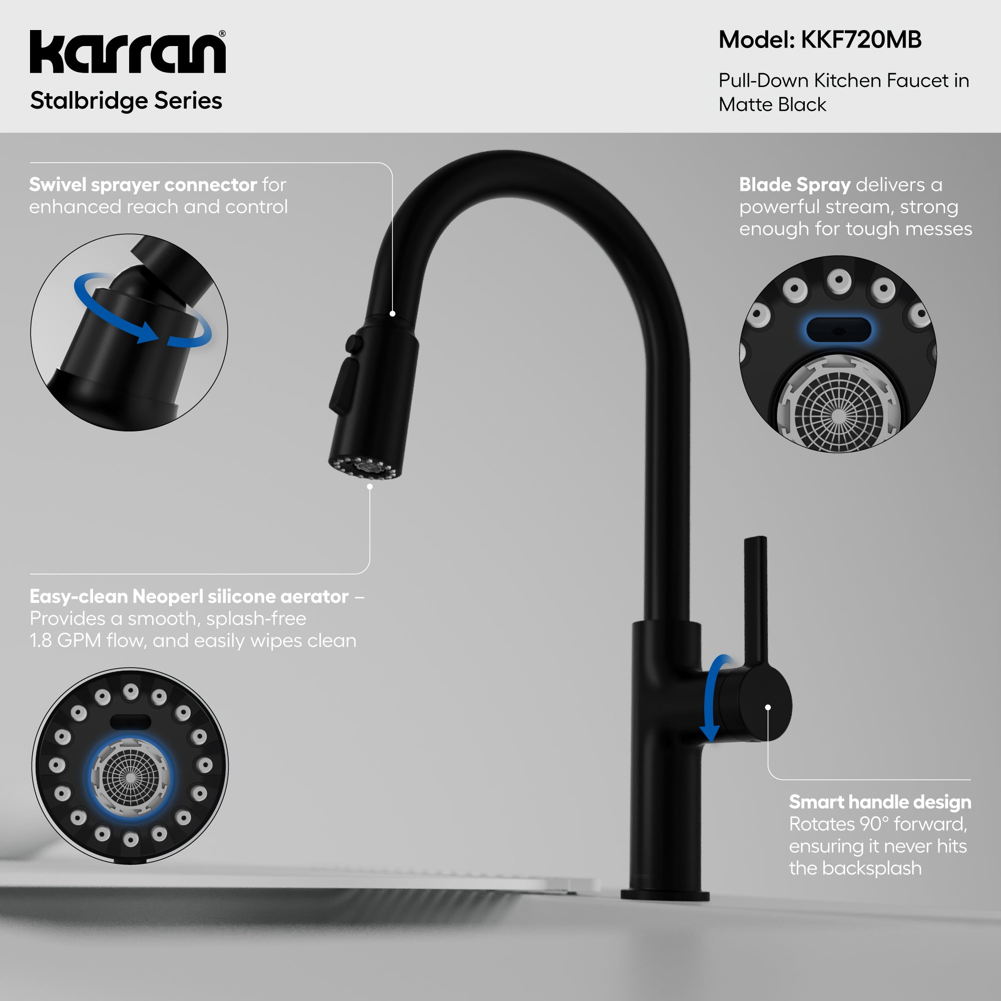 Karran Stalbridge 1.8 GPM Single Lever Lead-free Brass ADA Kitchen Faucet, Pull-Down, Matte Black, KKF720MB