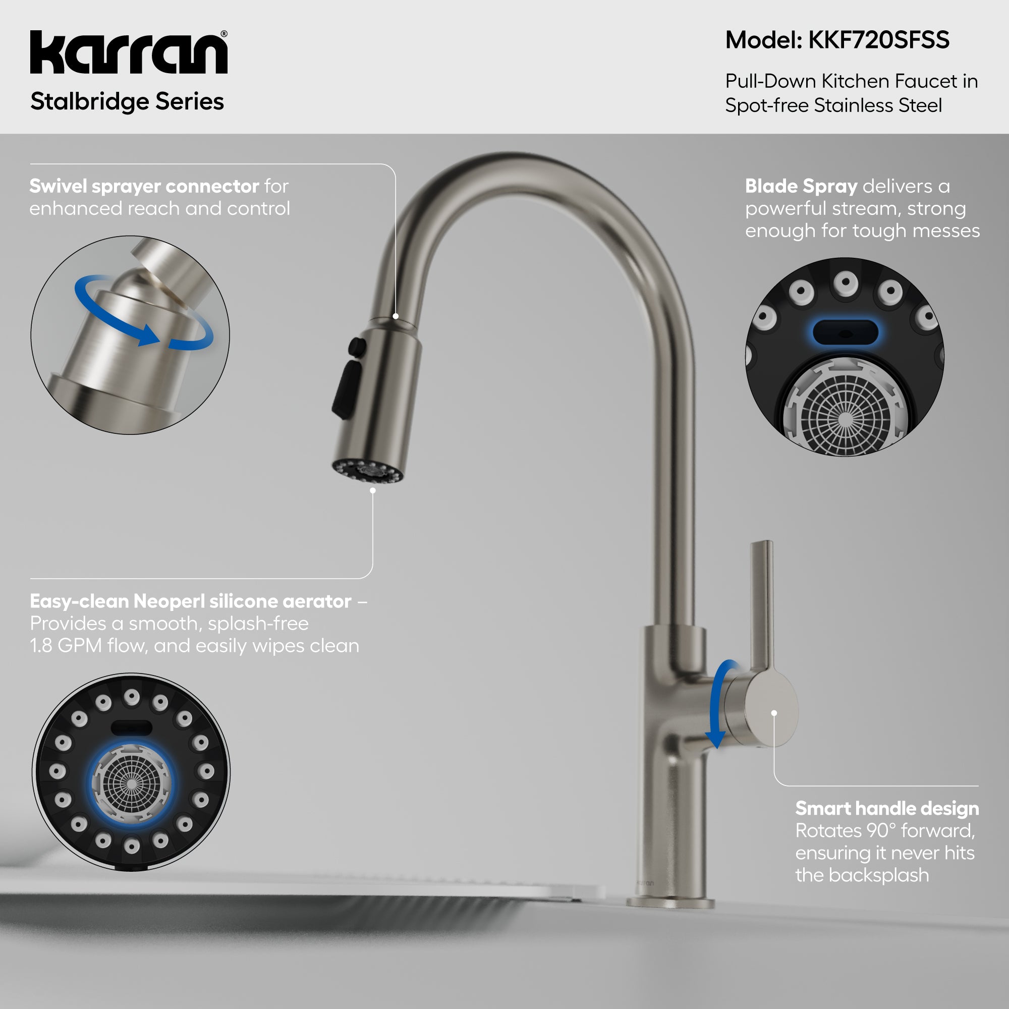 Karran Stalbridge 1.8 GPM Single Lever Lead-free Brass ADA Kitchen Faucet, Pull-Down, Spot Free Stainless Steel, KKF720SFSS